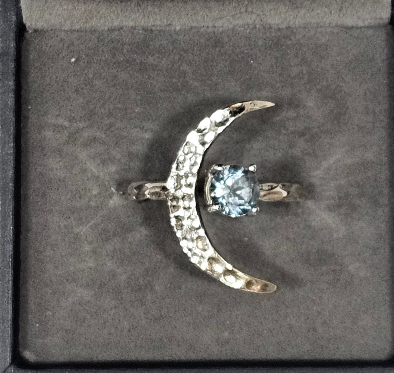 Sterling Silver Blue Topaz Moon Ring - Size 8.5