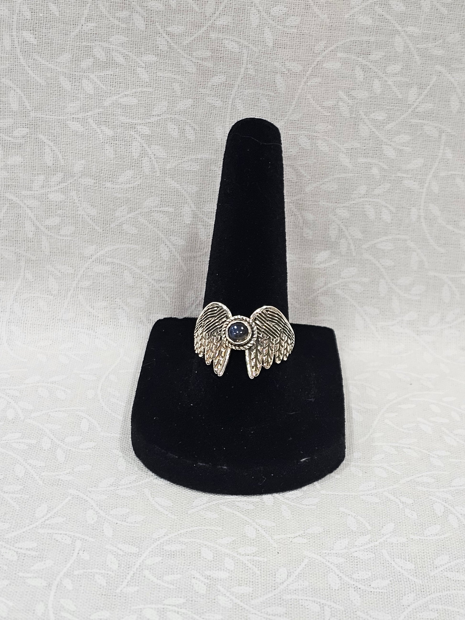 Sterling Silver Labradorite Angel's Wings Ring - Size 7.5