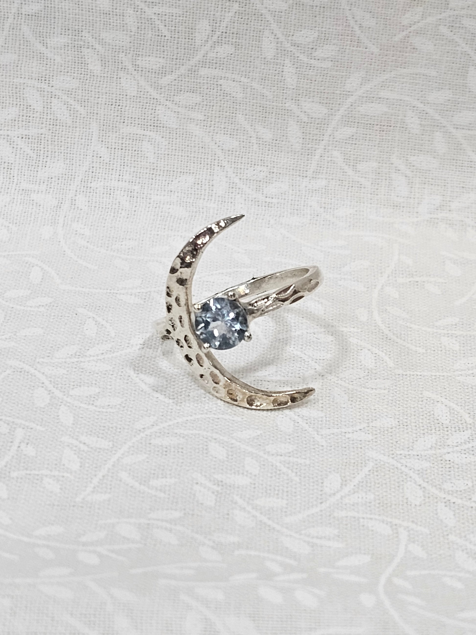 Sterling Silver Blue Topaz Moon Ring - Size 8.5