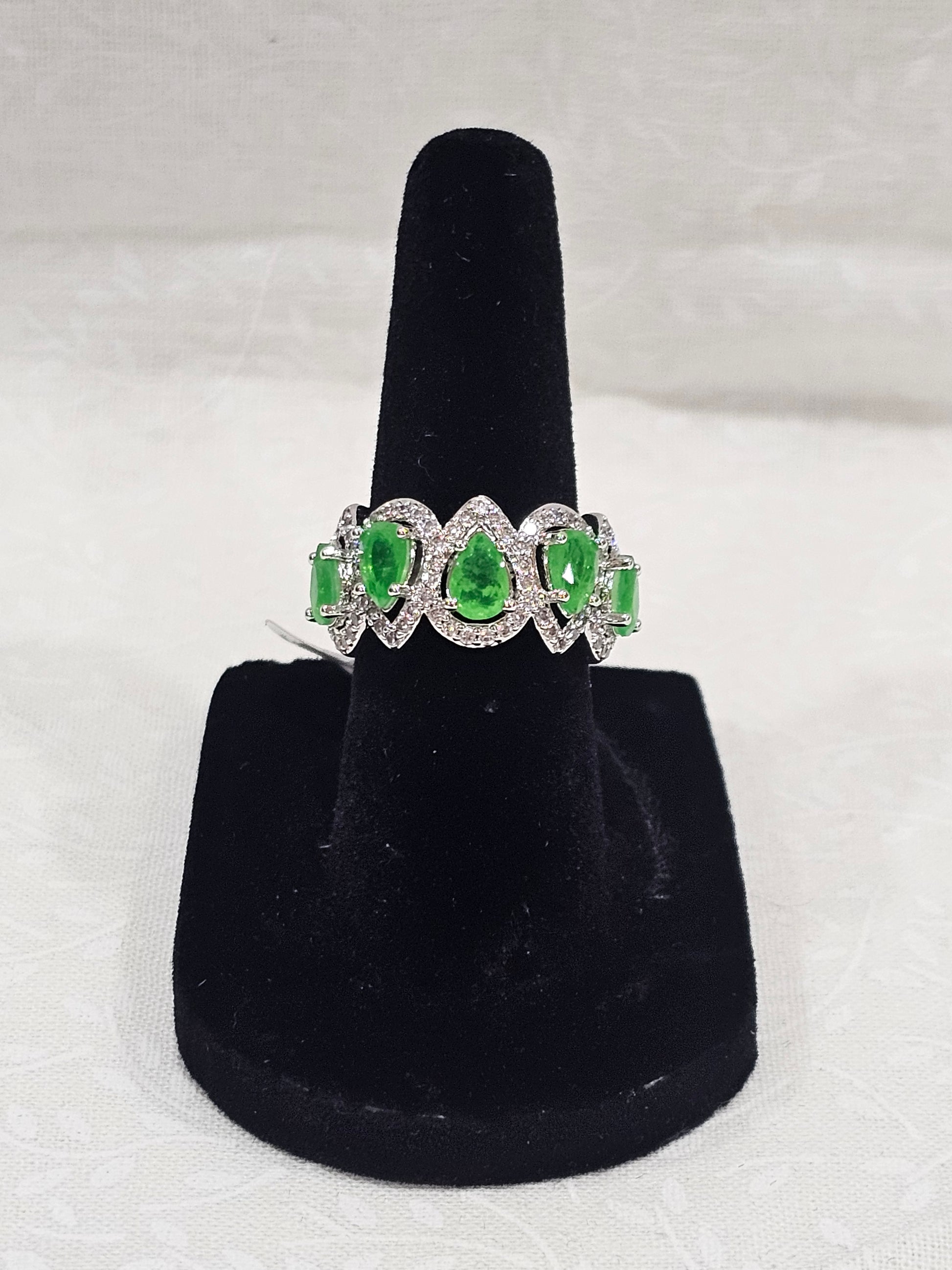 Lab Created Peridot Rhodium Plated Ring - Size 5
