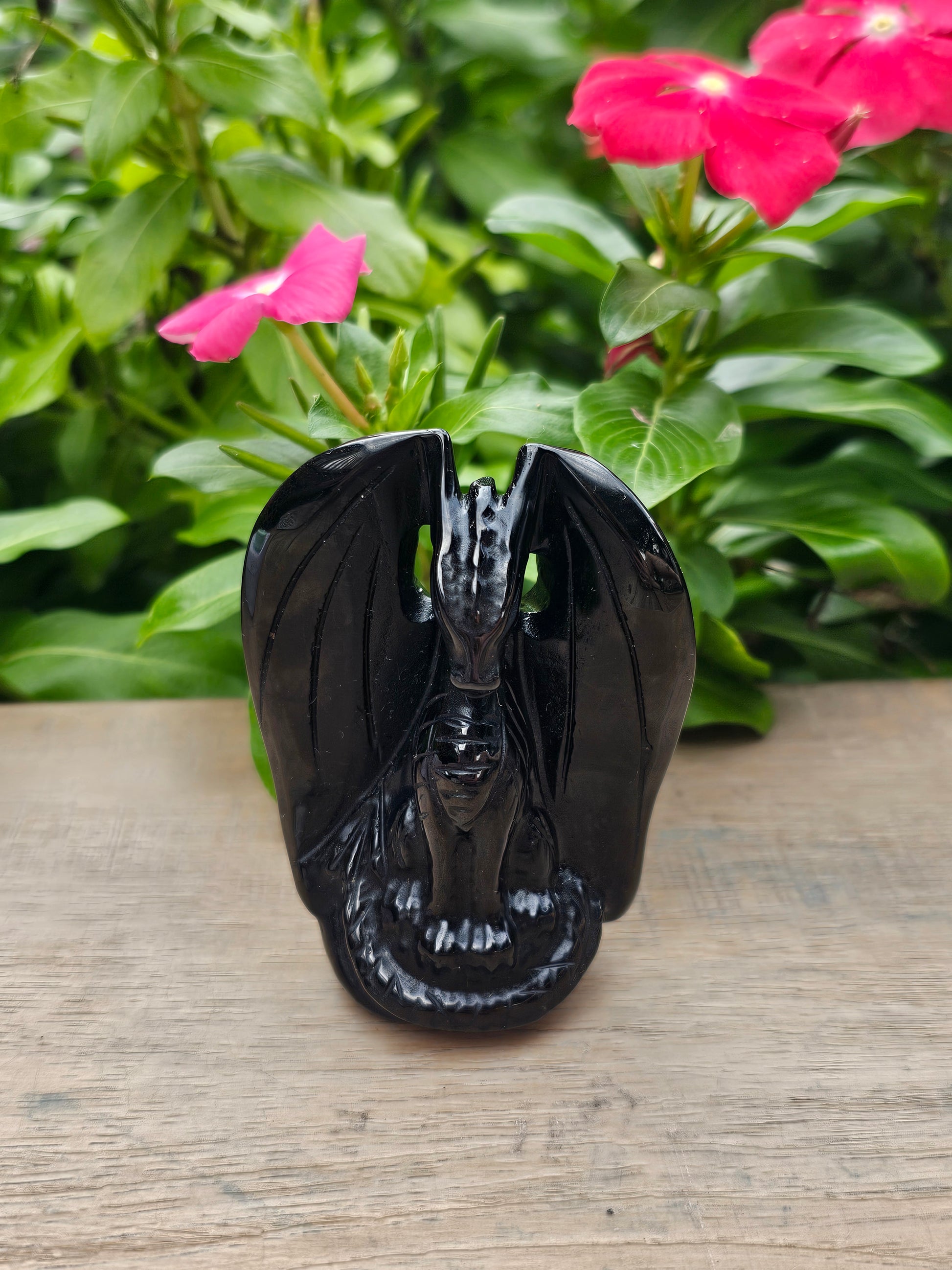 Black Obsidian Crystal Dragon Carving - Protective Stone Figurine