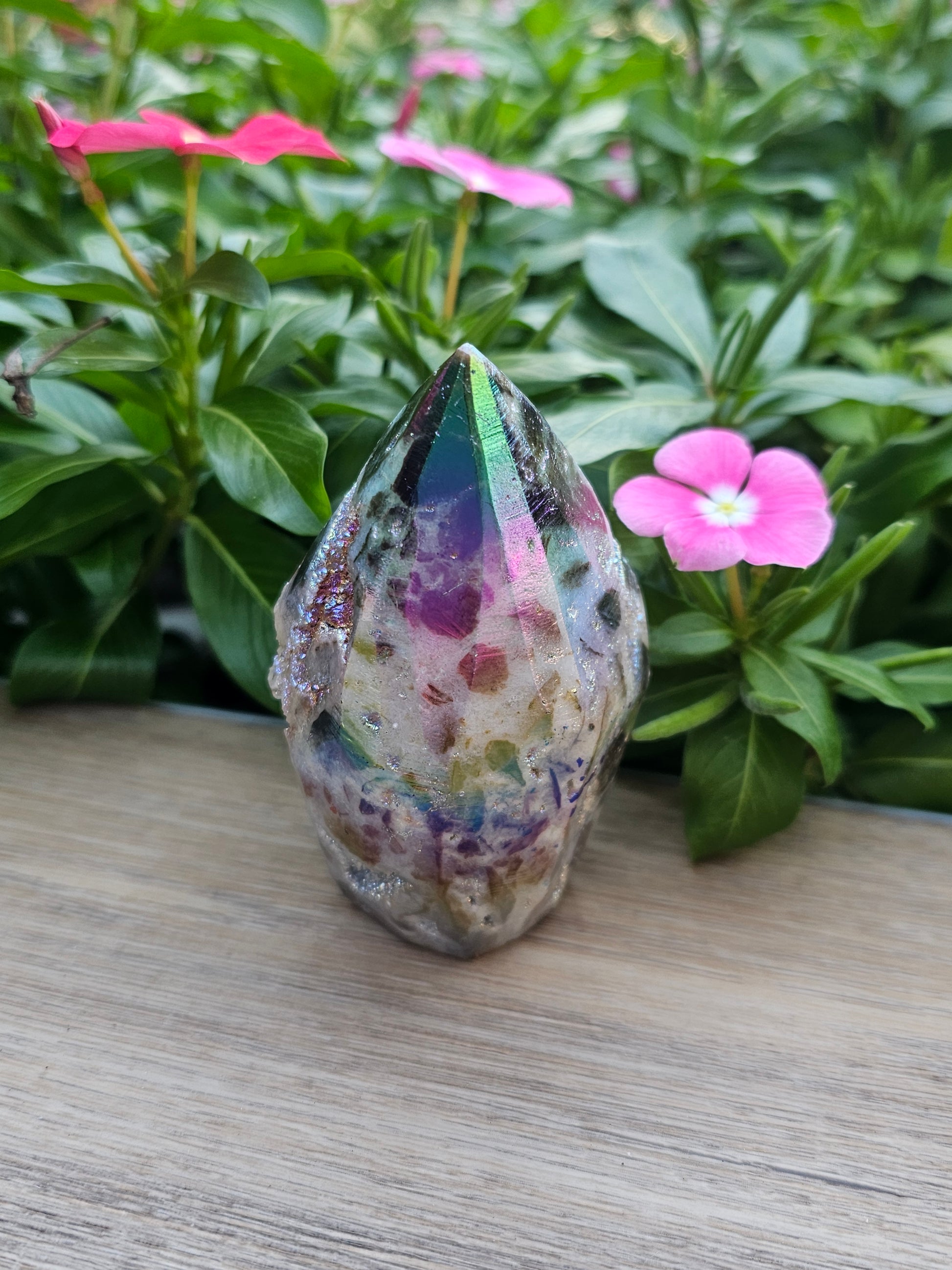Rainbow Aura Spheralite Tower - Natural Crystal Healing Stone