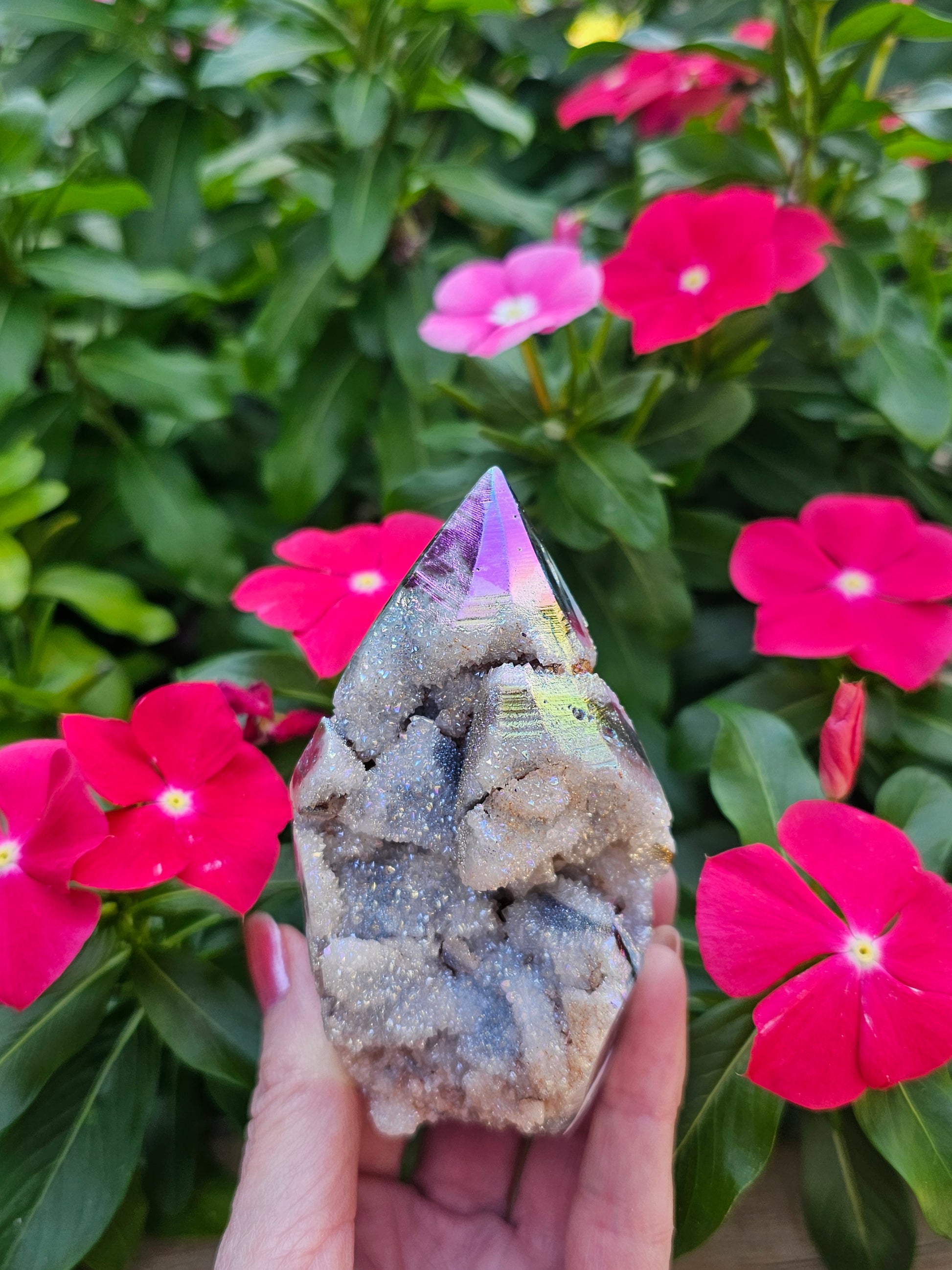 Rainbow Aura Spheralite Tower - Natural Crystal Healing Stone