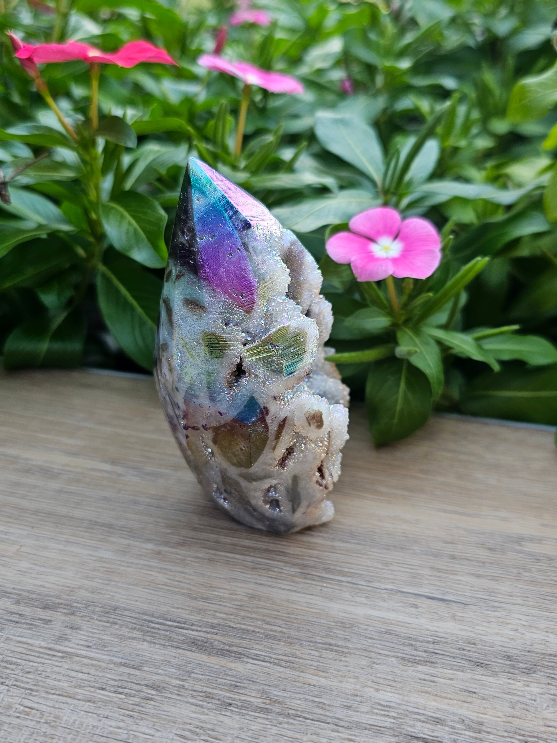 Rainbow Aura Spheralite Tower - Natural Crystal Healing Stone
