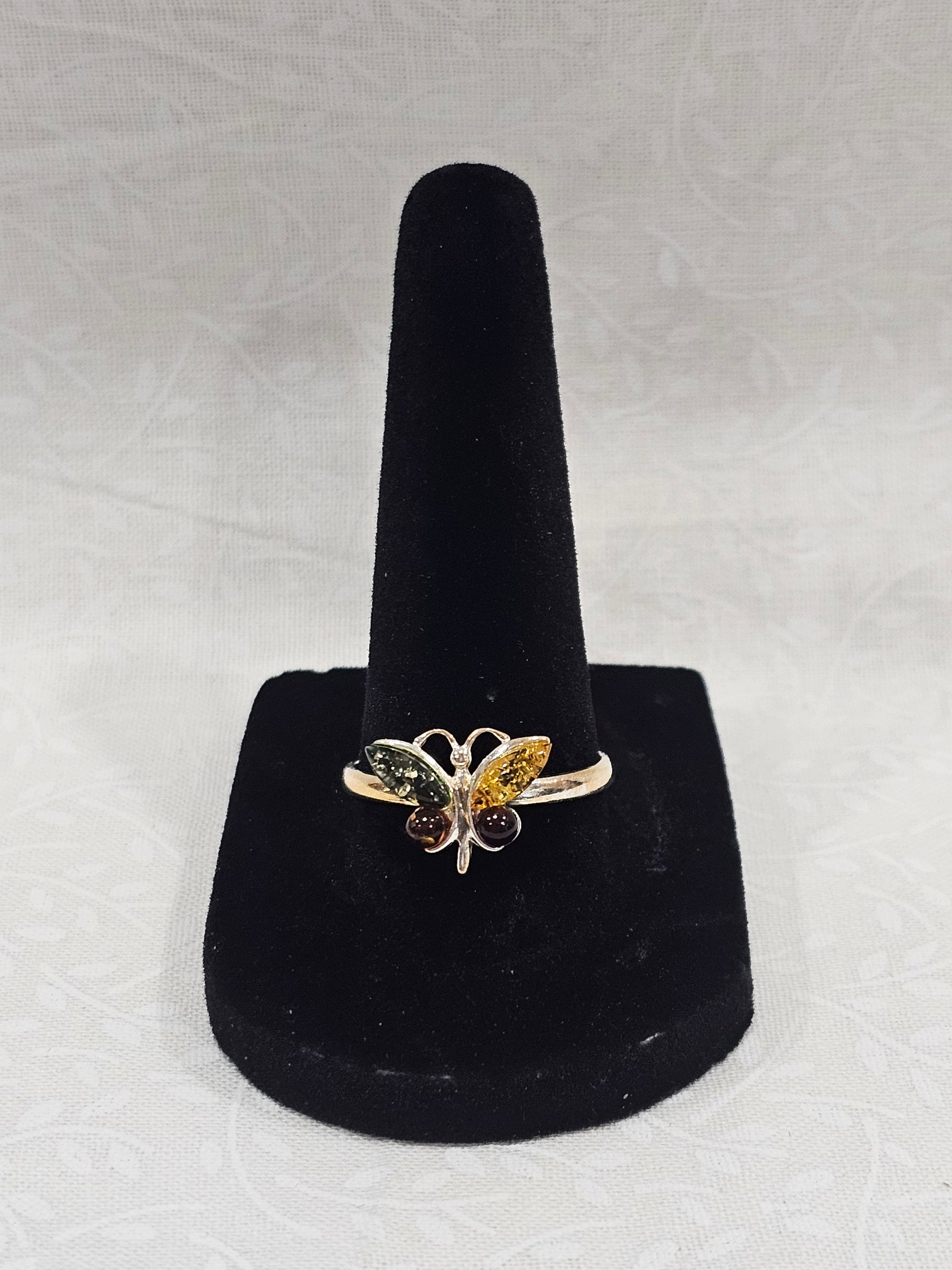 Sterling Silver Amber Citrine Gemstone Butterfly Ring - Size 9