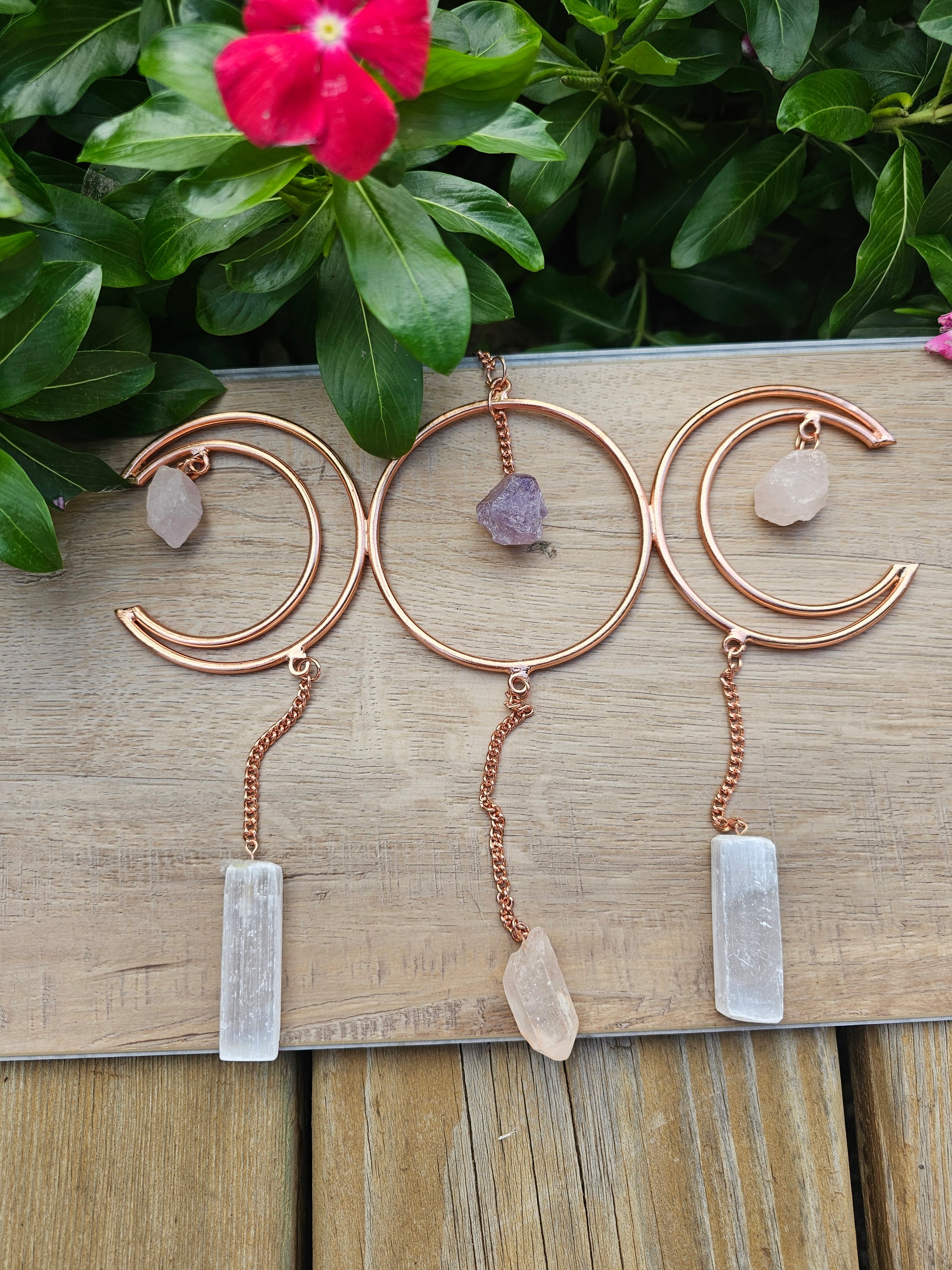 Crescent Moon Crystal Wall Display - Amethyst, Quartz & Selenite - 8.5" x 14.5"
