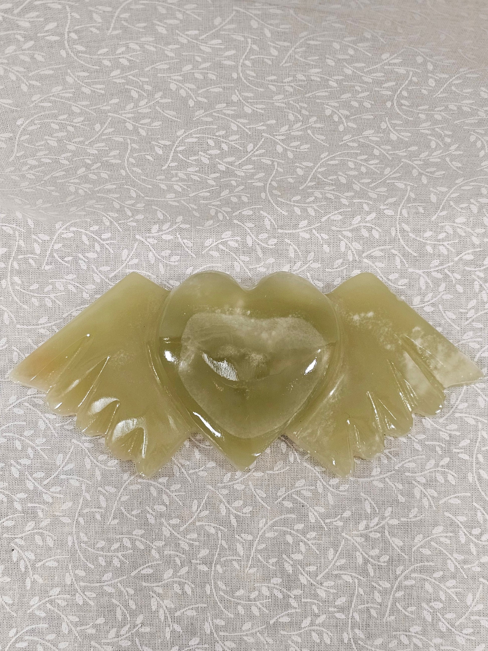 Green Onyx Crystal Heart with Angel Wings 6 Inch