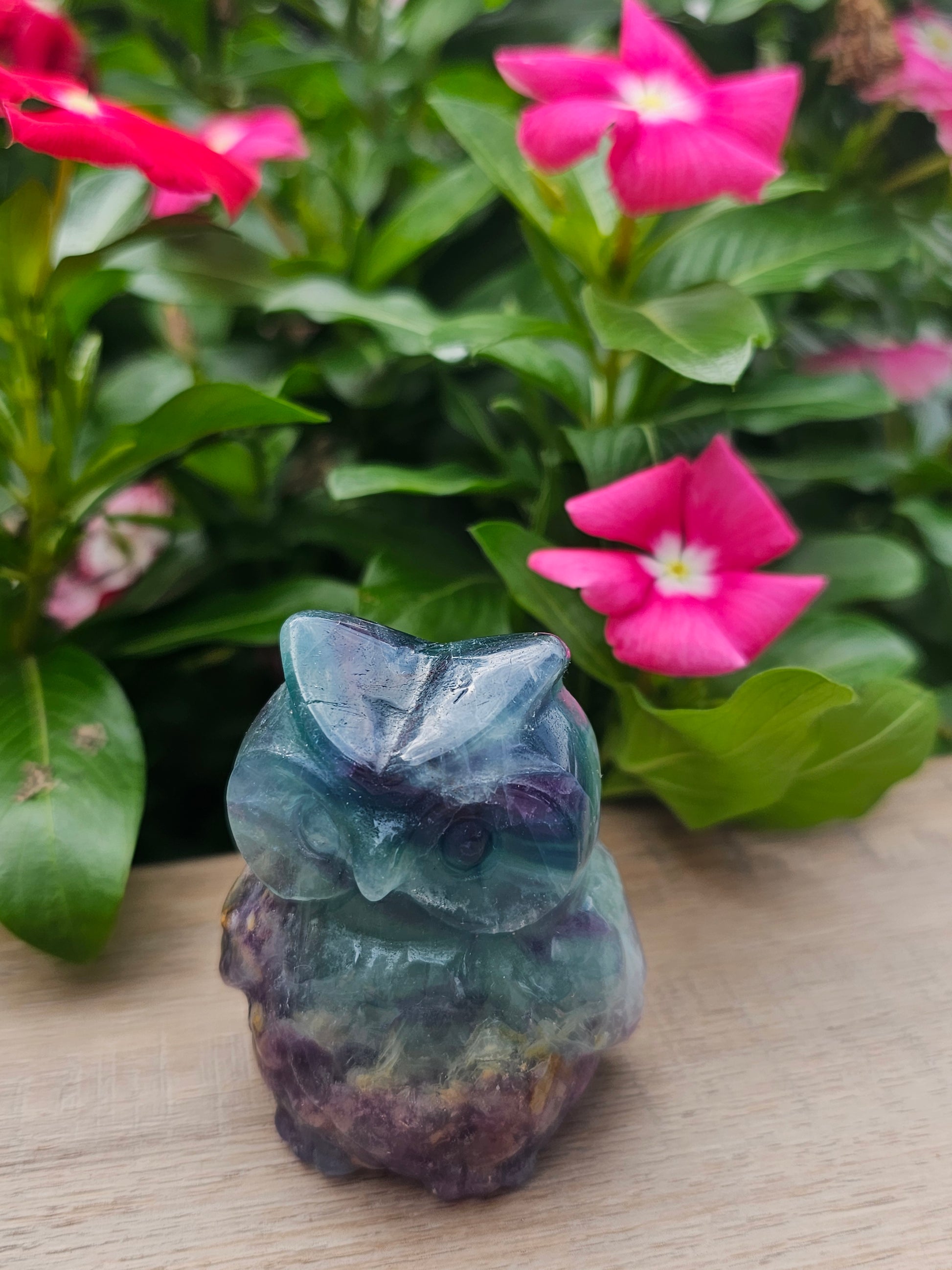 Rainbow Fluorite Crystal Owl - Handcrafted Healing Stone Figurine