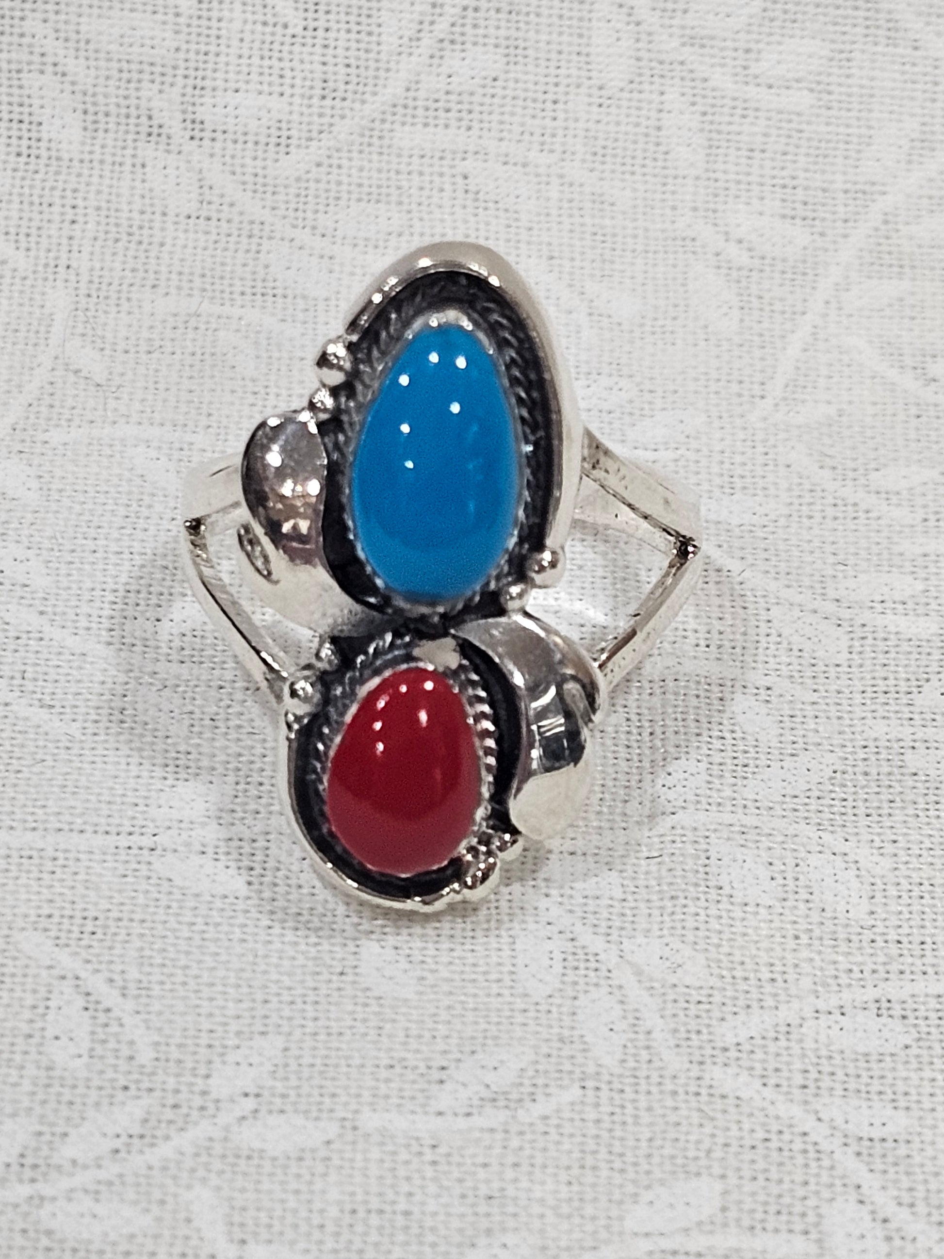 Sterling Silver Red &Blue Turquoise Gemstone Ring 7.5