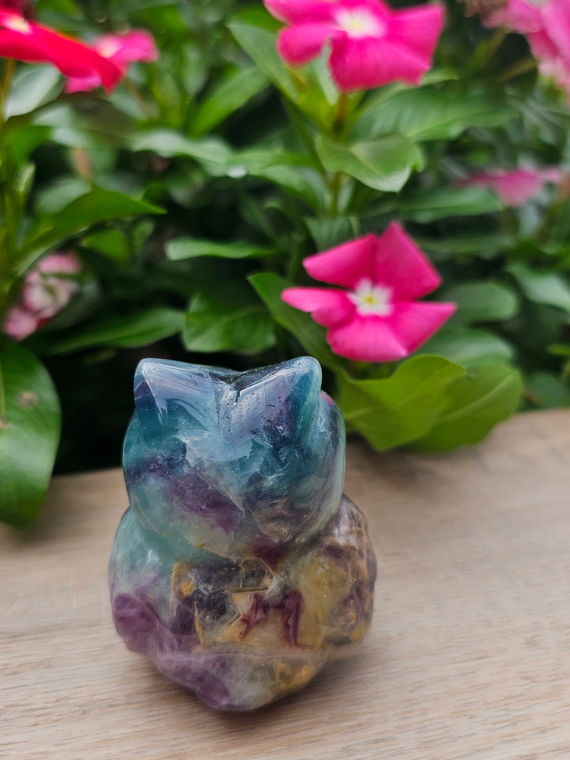 Rainbow Fluorite Crystal Owl - Handcrafted Healing Stone Figurine