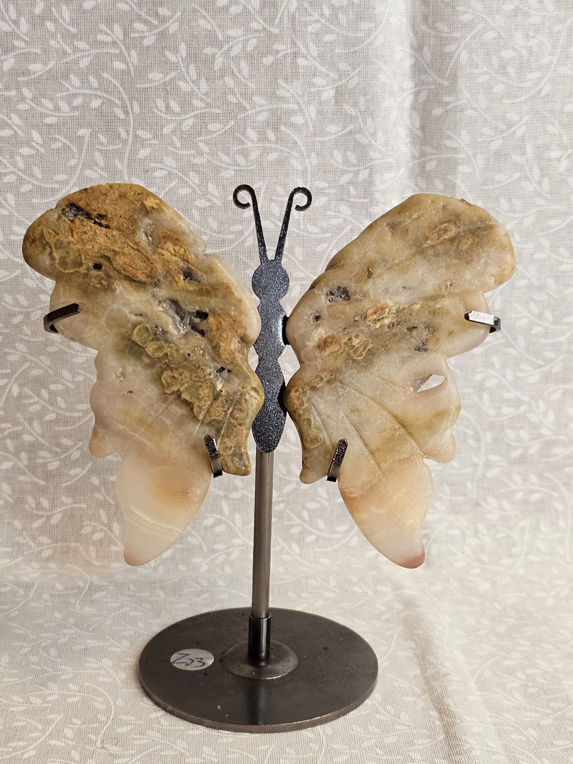 Flower Agate Crystal Butterfly Wings with Stand - 5 Inch Natural Stone Decor