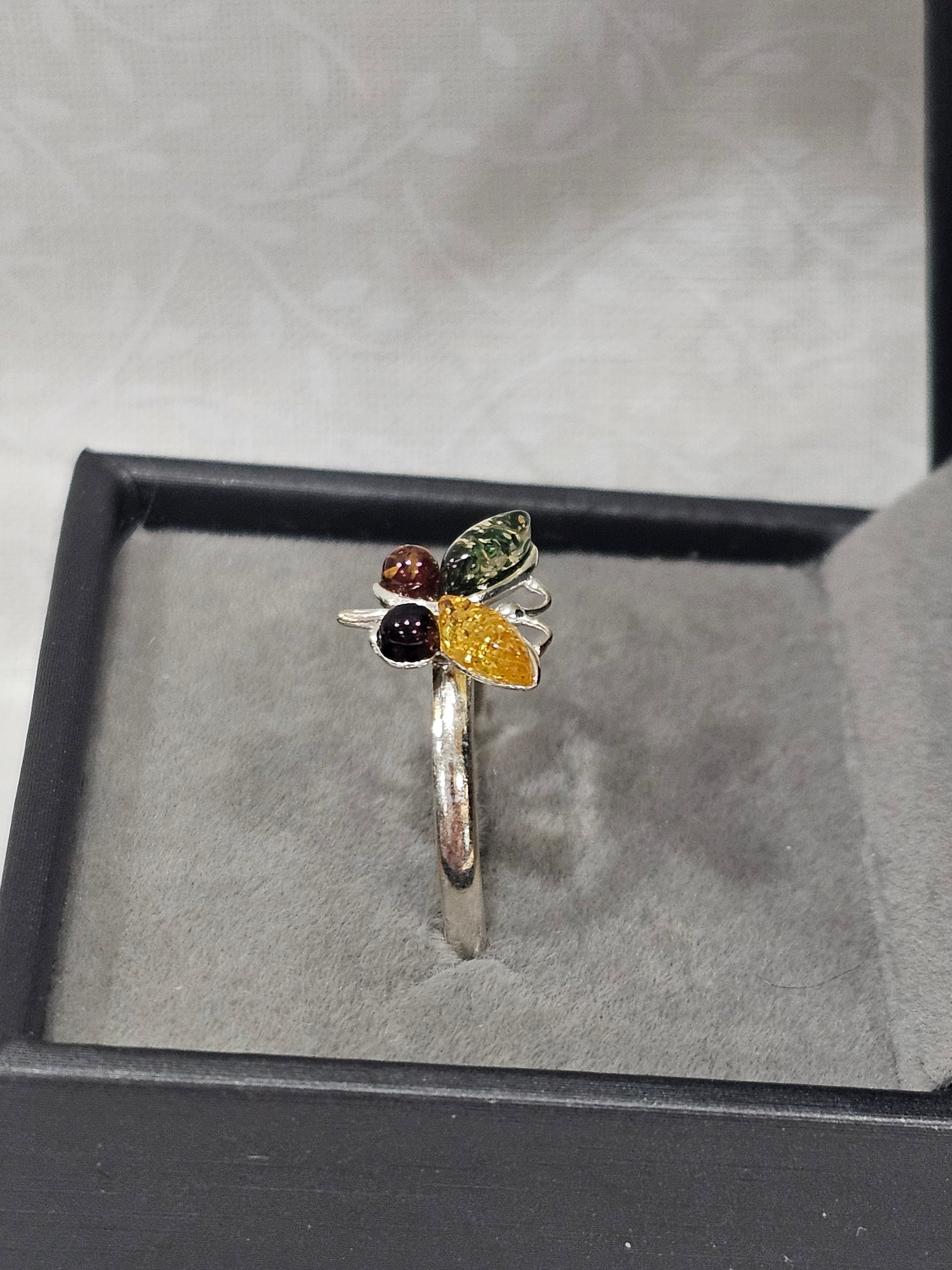 Sterling Silver Amber Citrine Gemstone Butterfly Ring - Size 9