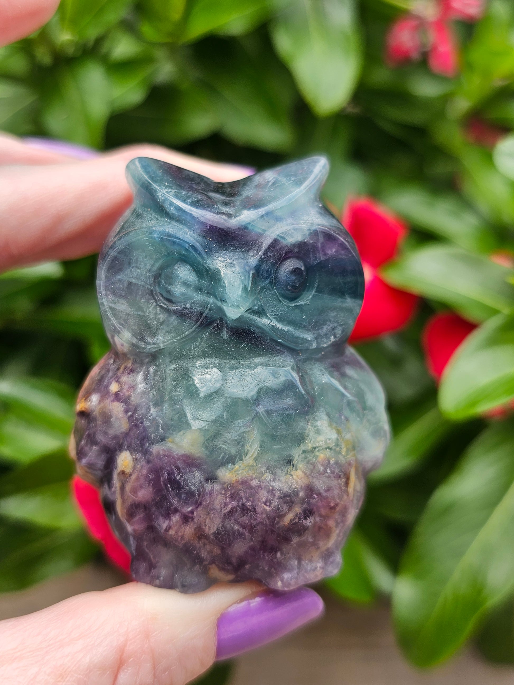 Rainbow Fluorite Crystal Owl - Handcrafted Healing Stone Figurine
