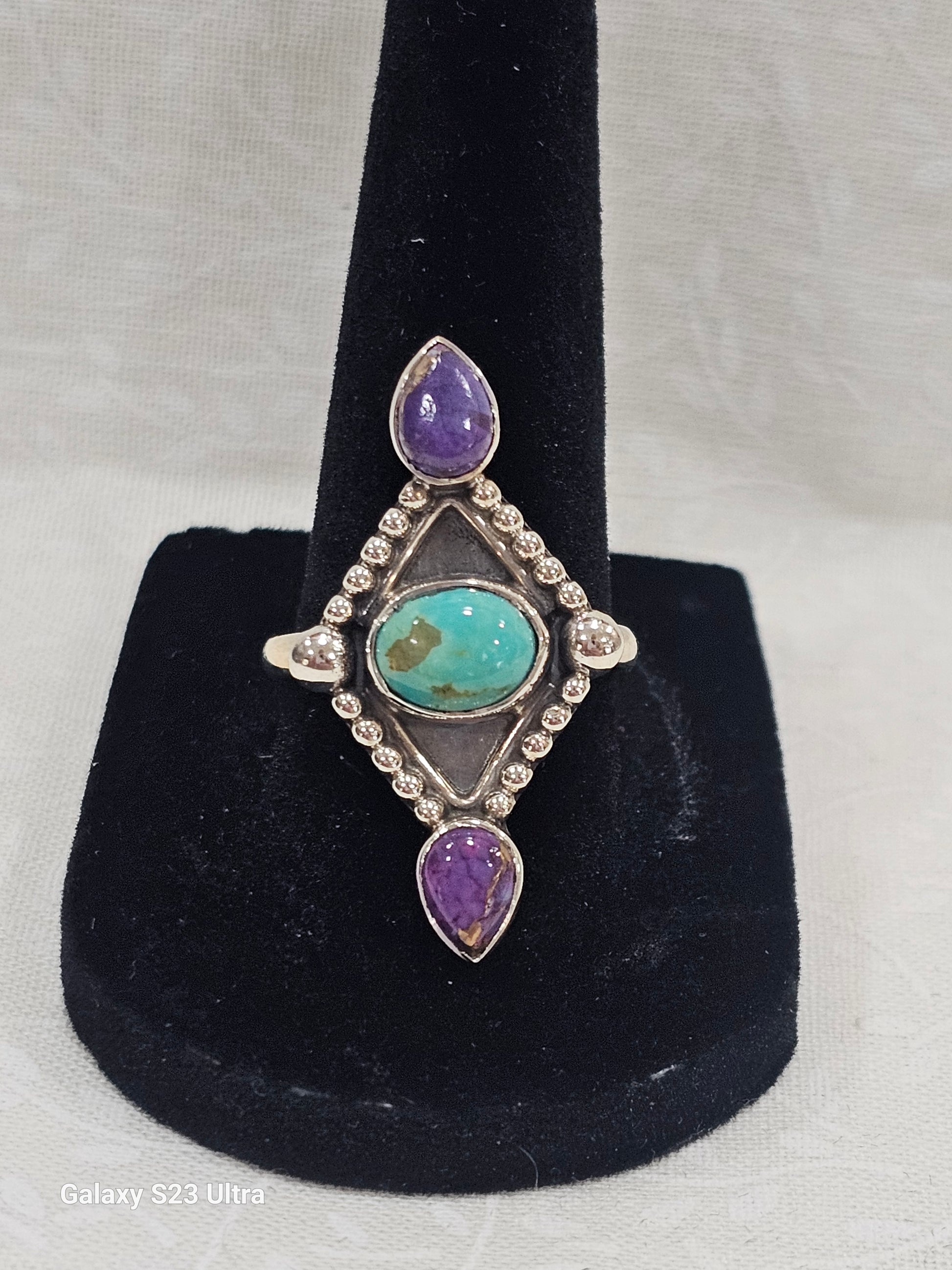 Sterling Silver Charoite & Turquoise Ring - Size 9