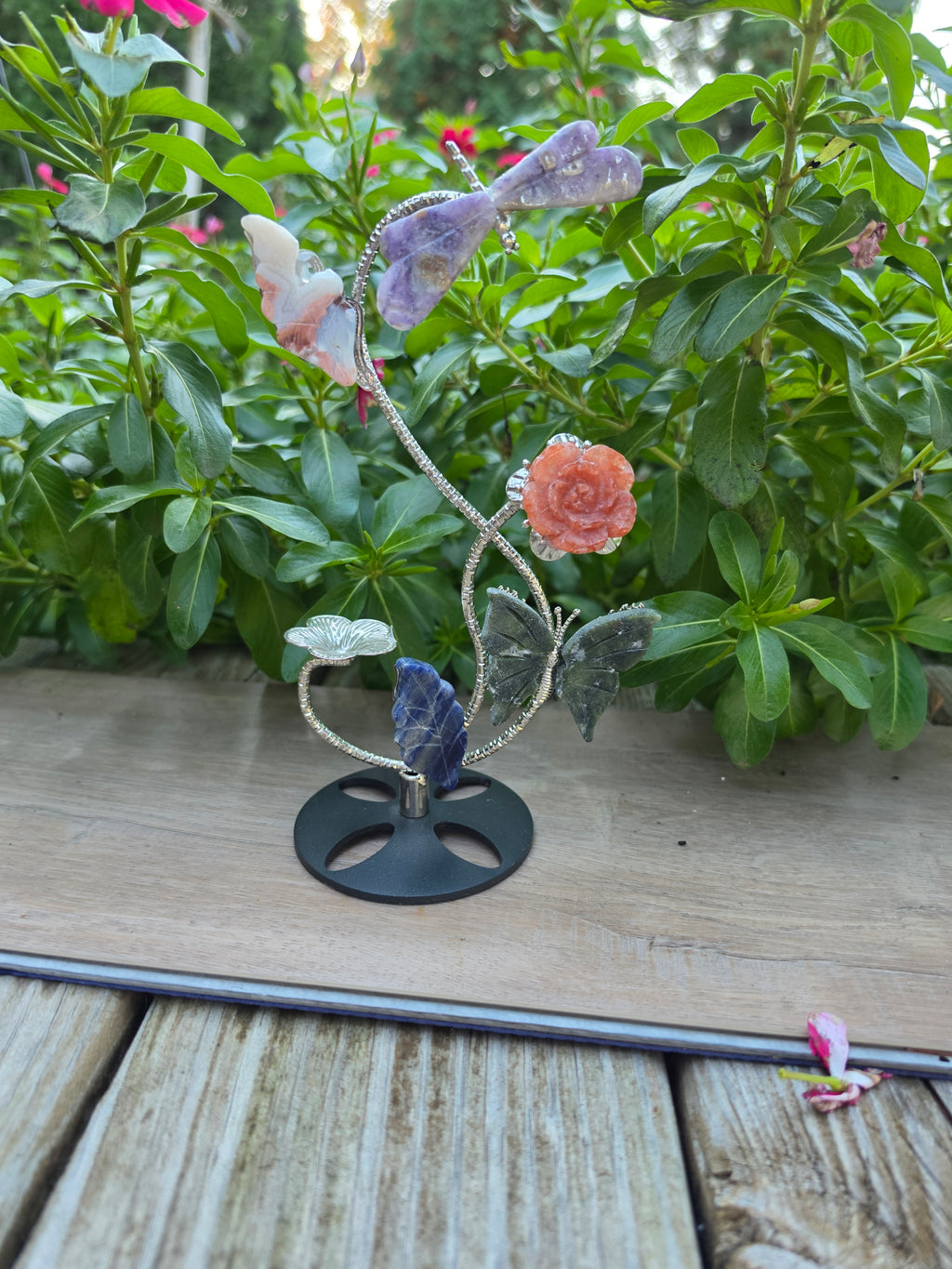 Amethyst Dragonfly & Moss Agate Butterfly Crystal Sphere Holder
