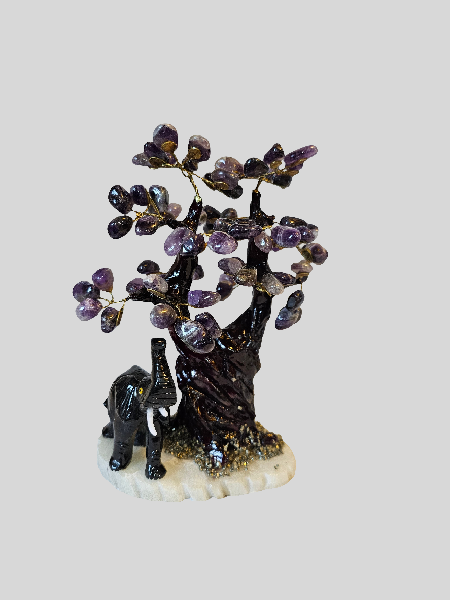 Amethyst Pyrite Obsidian Crystal Tree of Life with Elephant