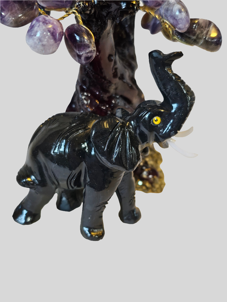 Amethyst Pyrite Obsidian Crystal Tree of Life with Elephant