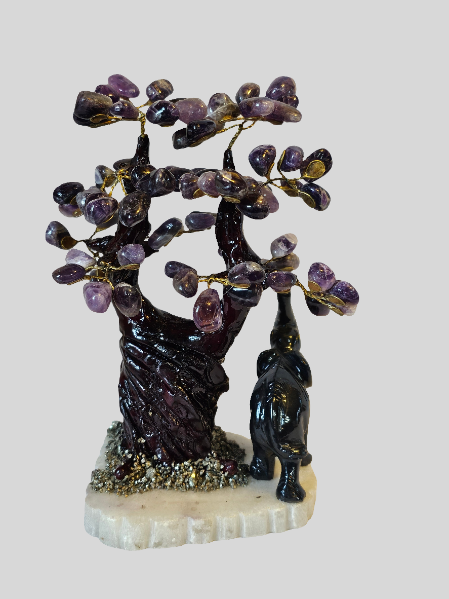 Amethyst Pyrite Obsidian Crystal Tree of Life with Elephant