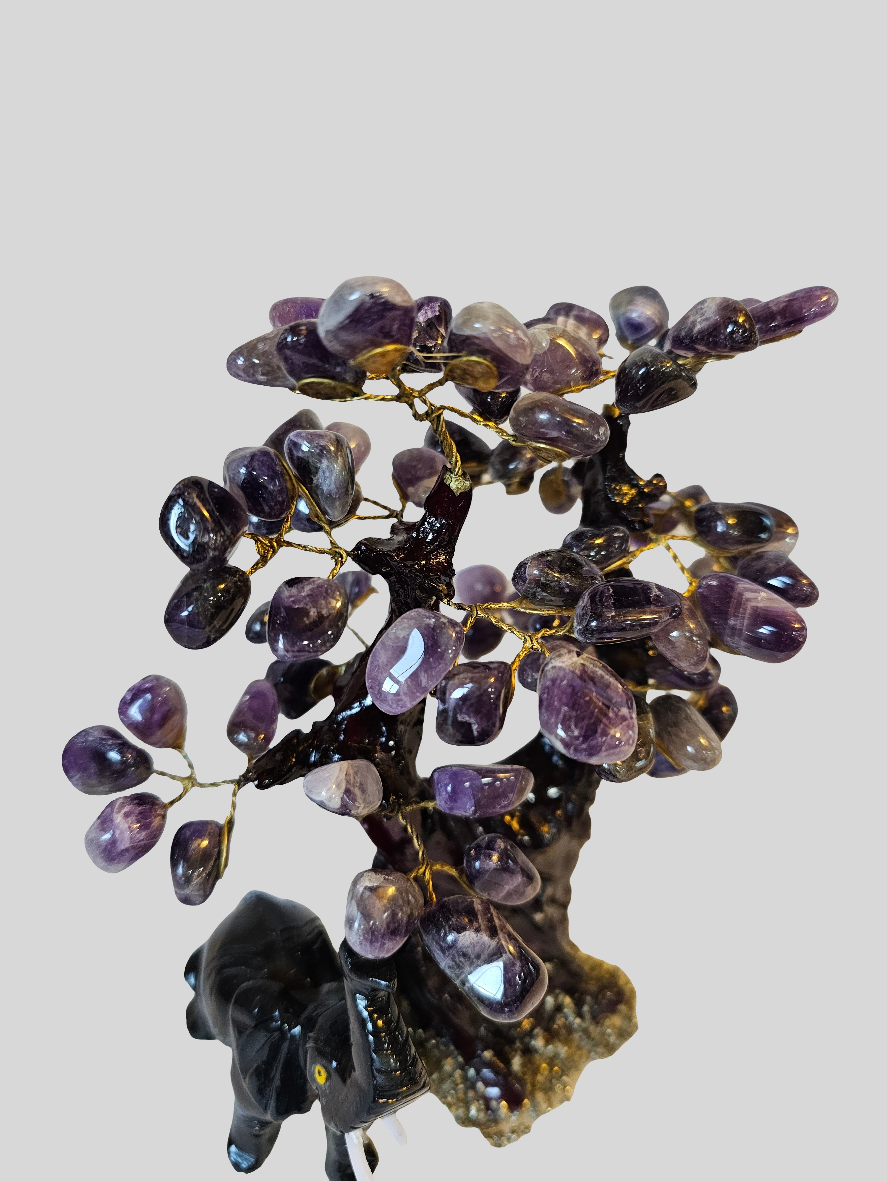 Amethyst Pyrite Obsidian Crystal Tree of Life with Elephant