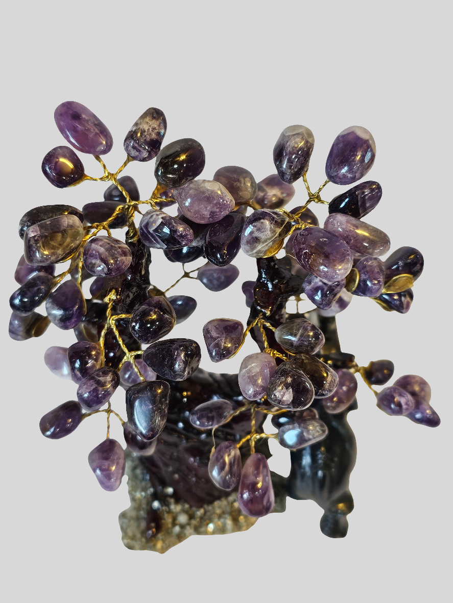 Amethyst Pyrite Obsidian Crystal Tree of Life with Elephant