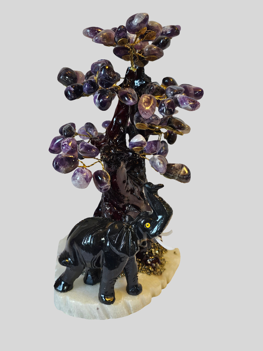 Amethyst Pyrite Obsidian Crystal Tree of Life with Elephant