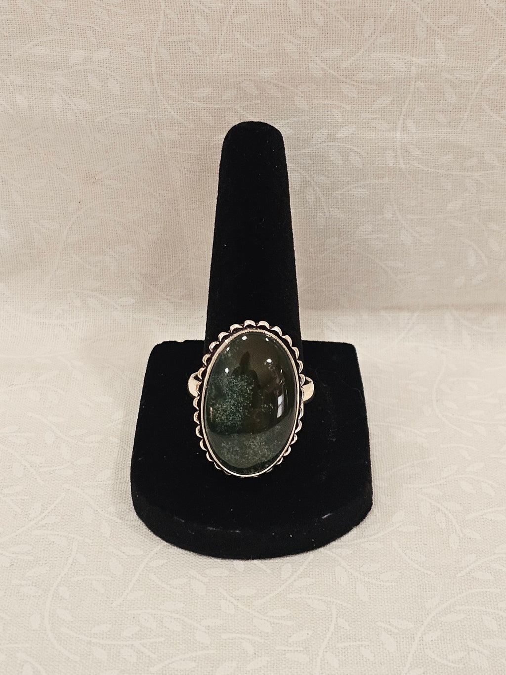 Sterling Silver Moss Agate Gemstone Ring - Size 10.5