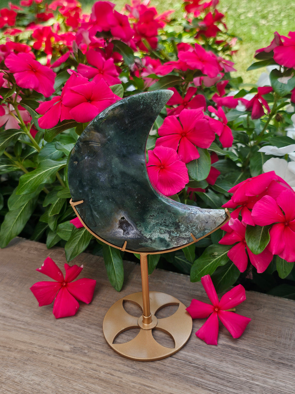 Moss Agate Crystal Crescent Moon With Stand