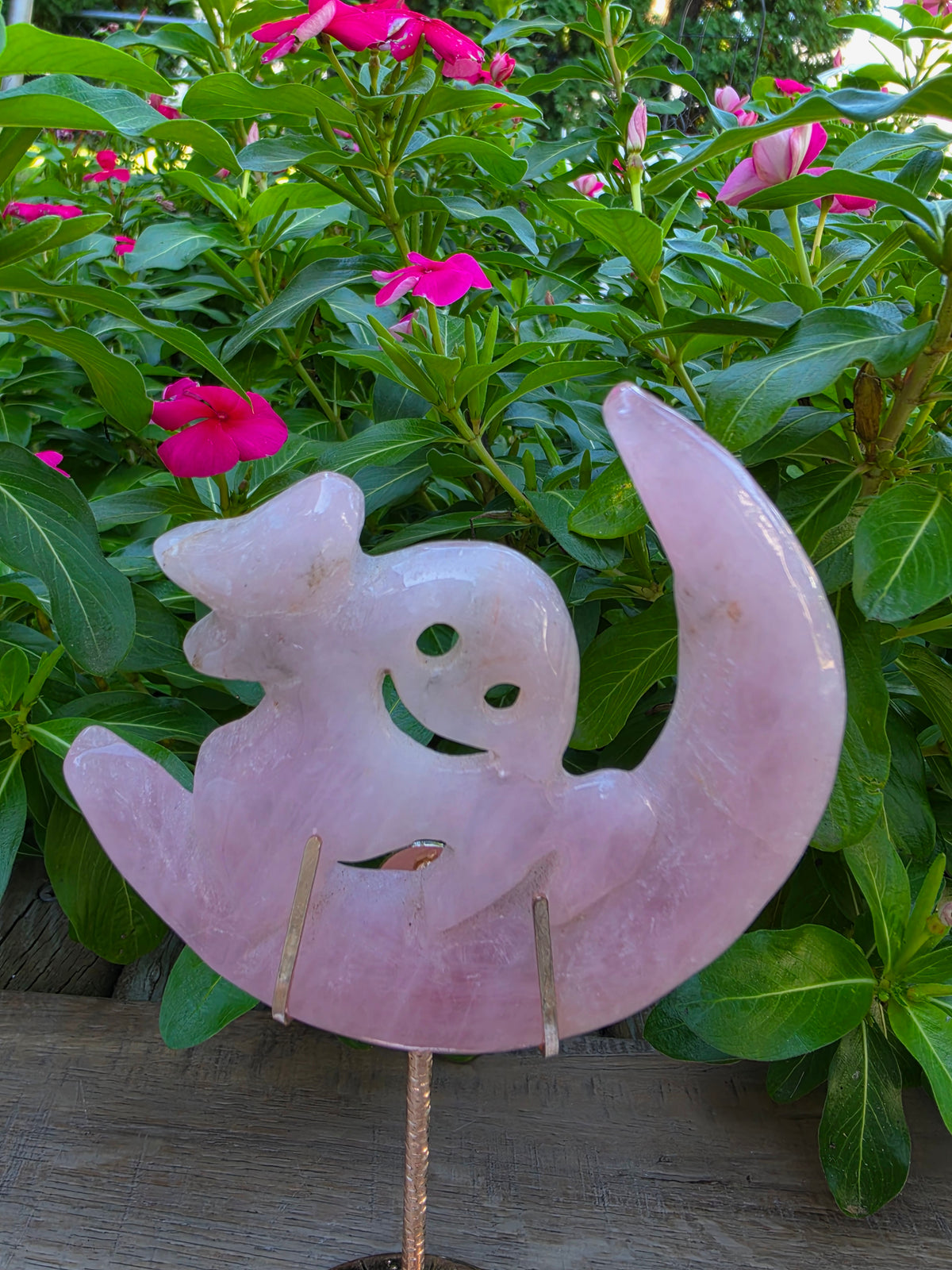 Pink Quartz Crescent Moon Crystal Ghost on Stand