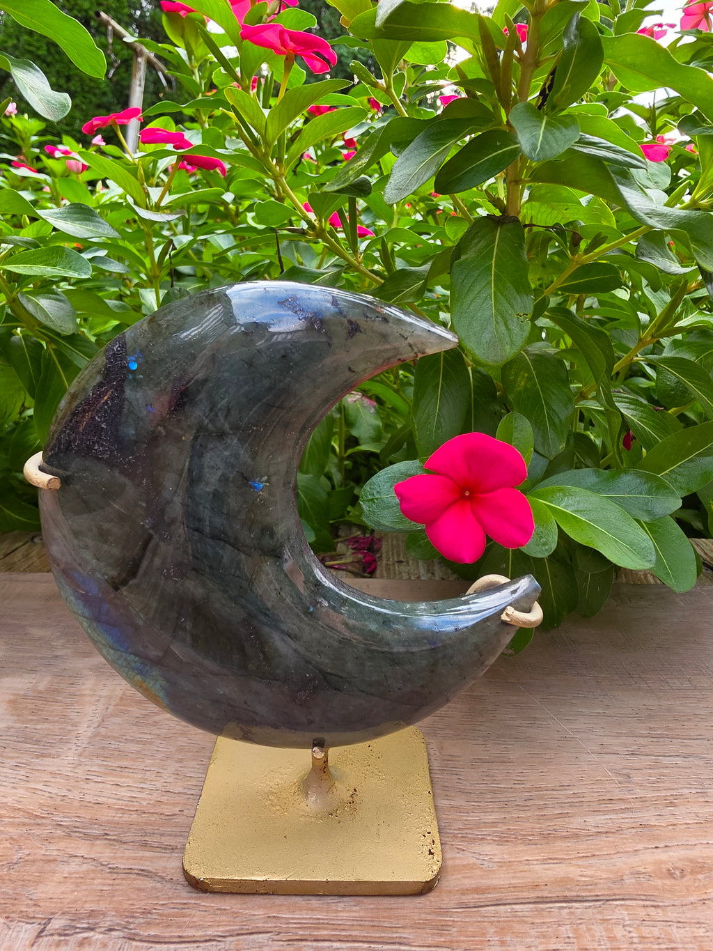Labradorite Crystal Crescent Moon on Stand
