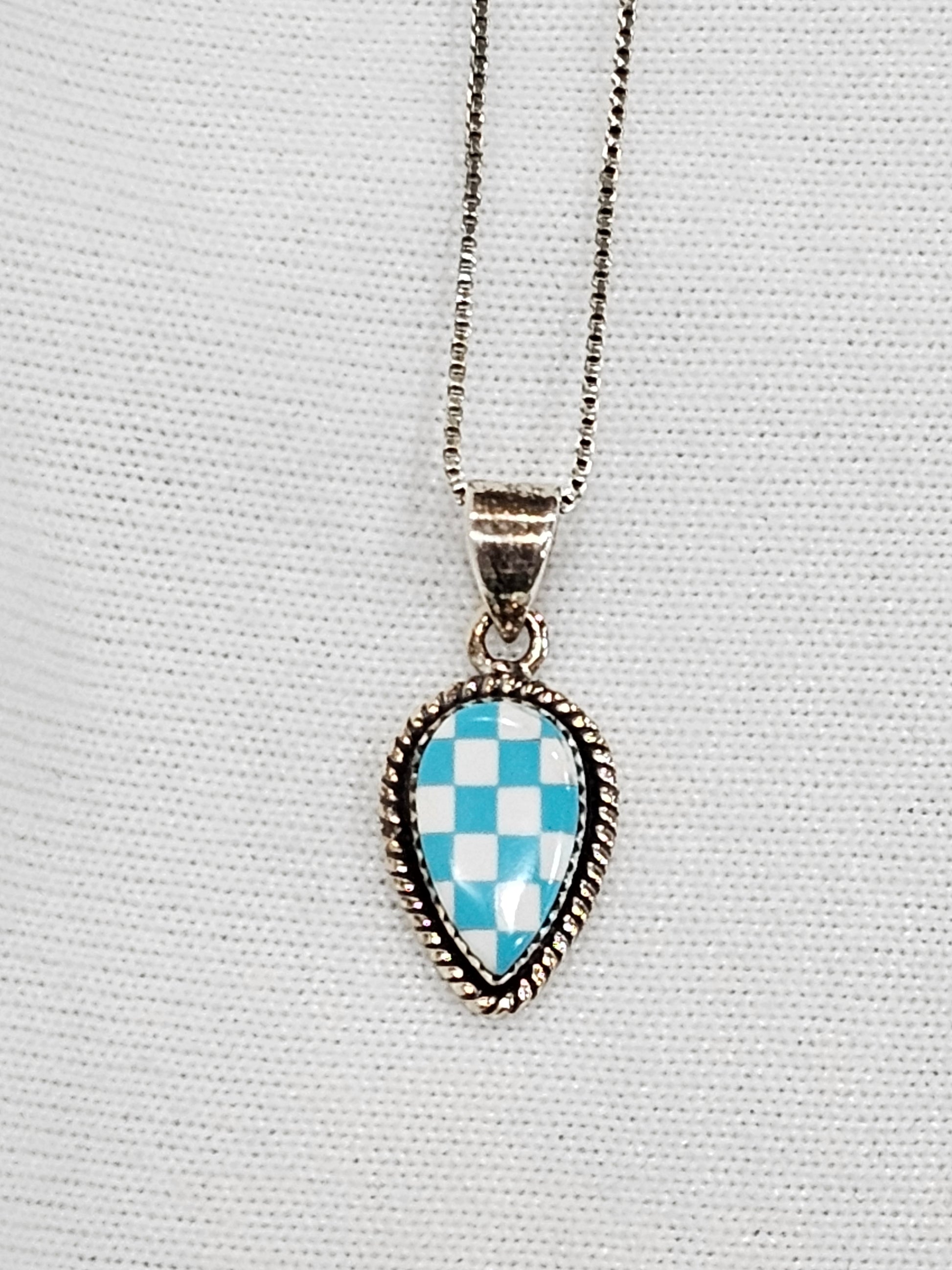 Kingman Turquoise Checkered Pendant Necklace - Sterling Silver with 18" Chain