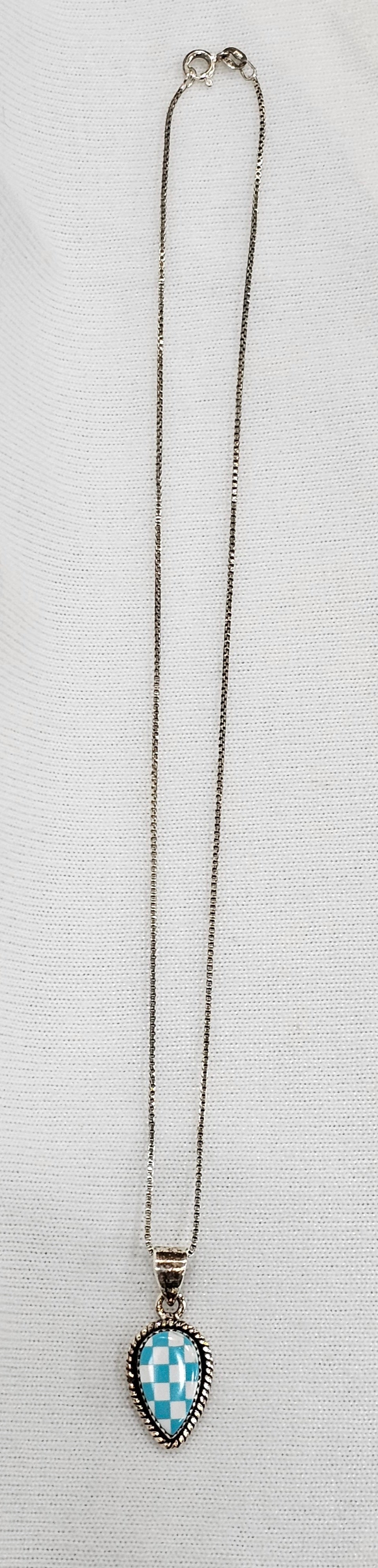 Kingman Turquoise Checkered Pendant Necklace - Sterling Silver with 18" Chain