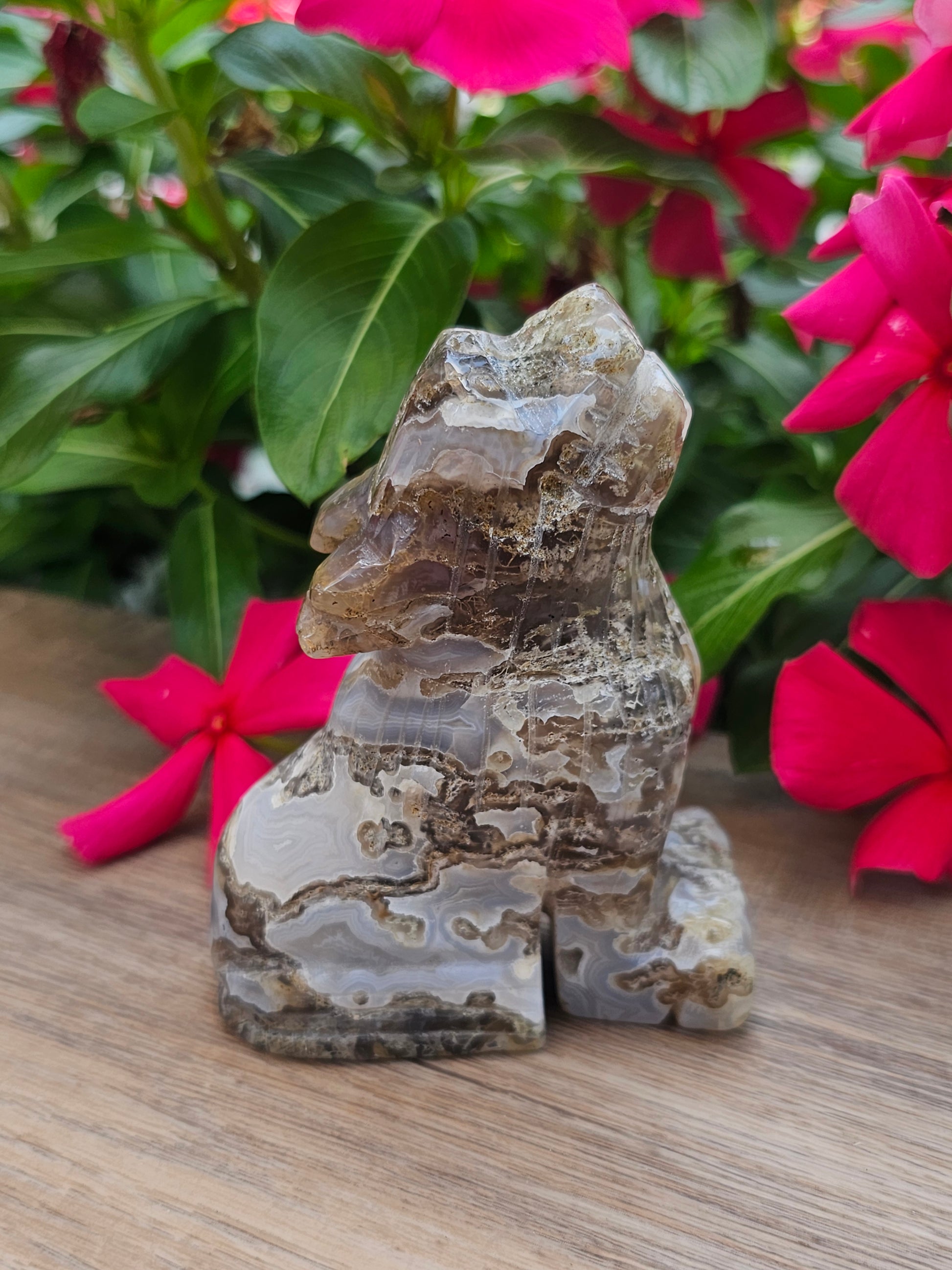 Moss Agate Crystal Wolf Carving