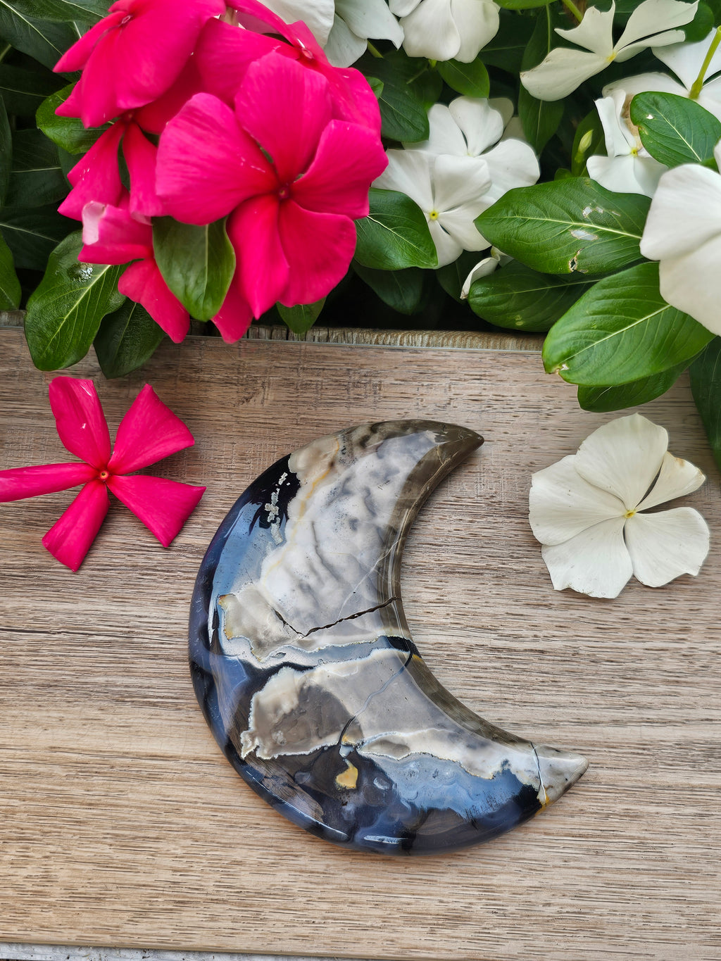 Volcano Agate Crystal Crescent Moon On Stand