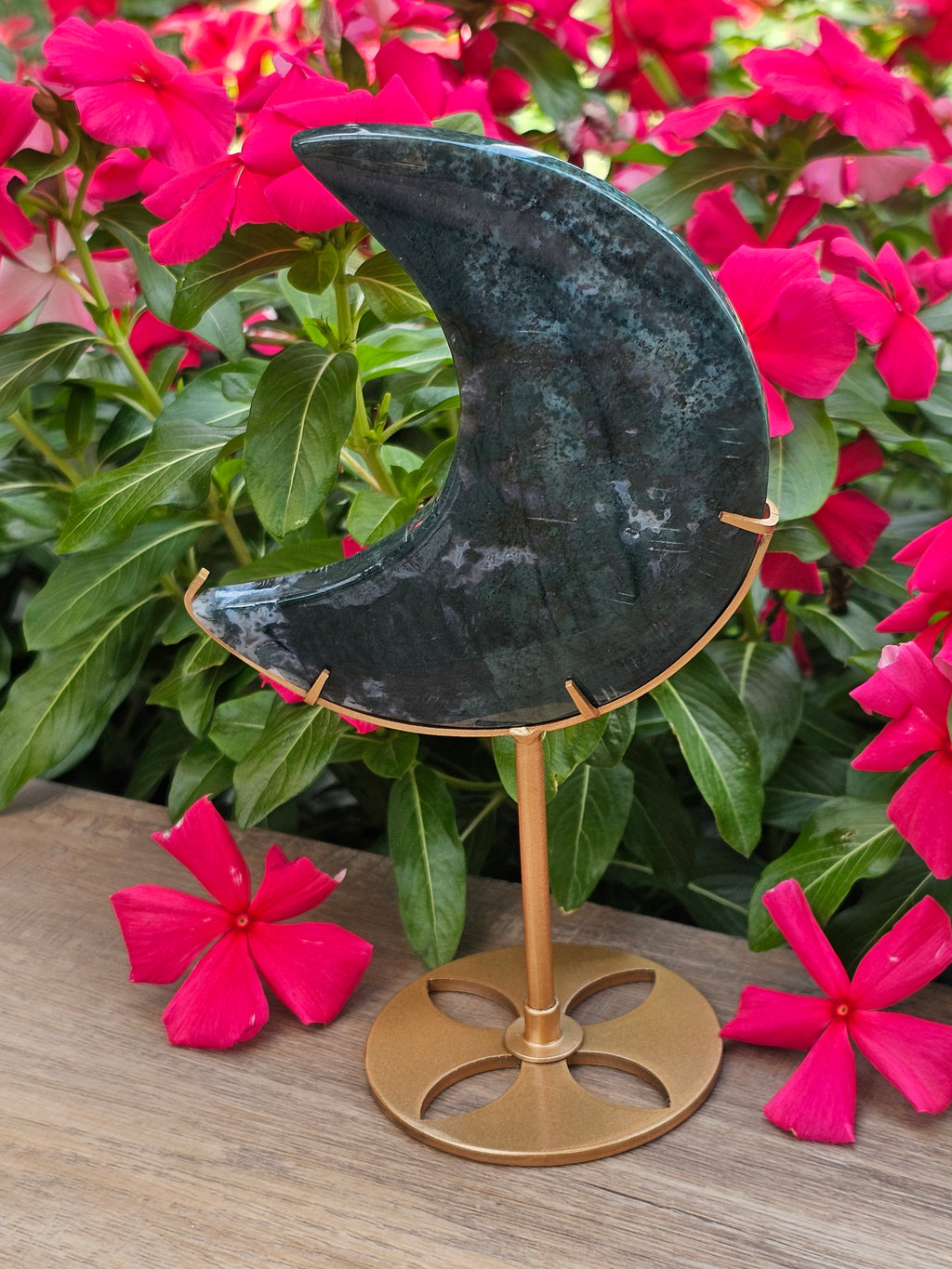 Moss Agate Crystal Crescent Moon On Stand