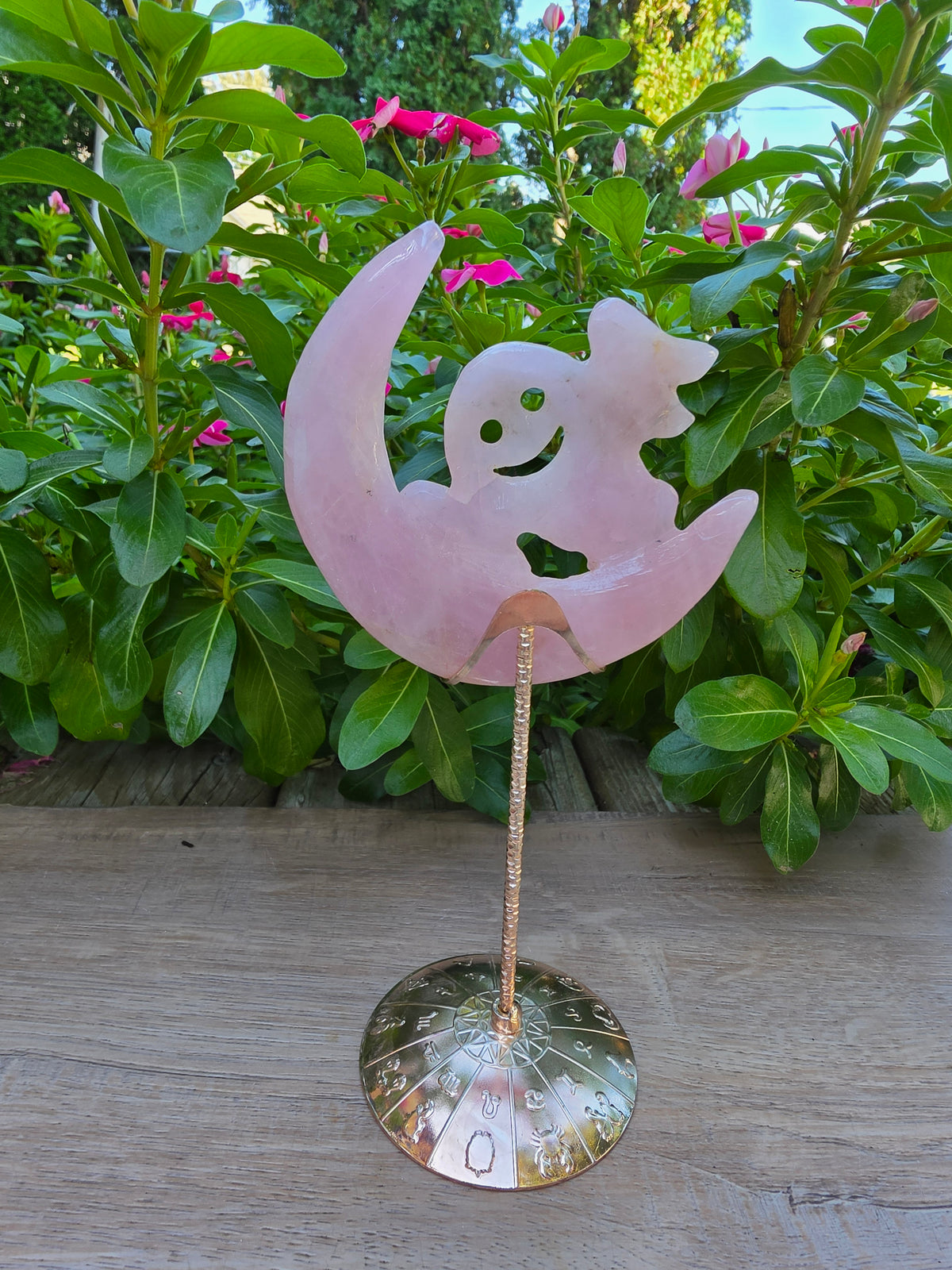 Pink Quartz Crescent Moon Crystal Ghost on Stand