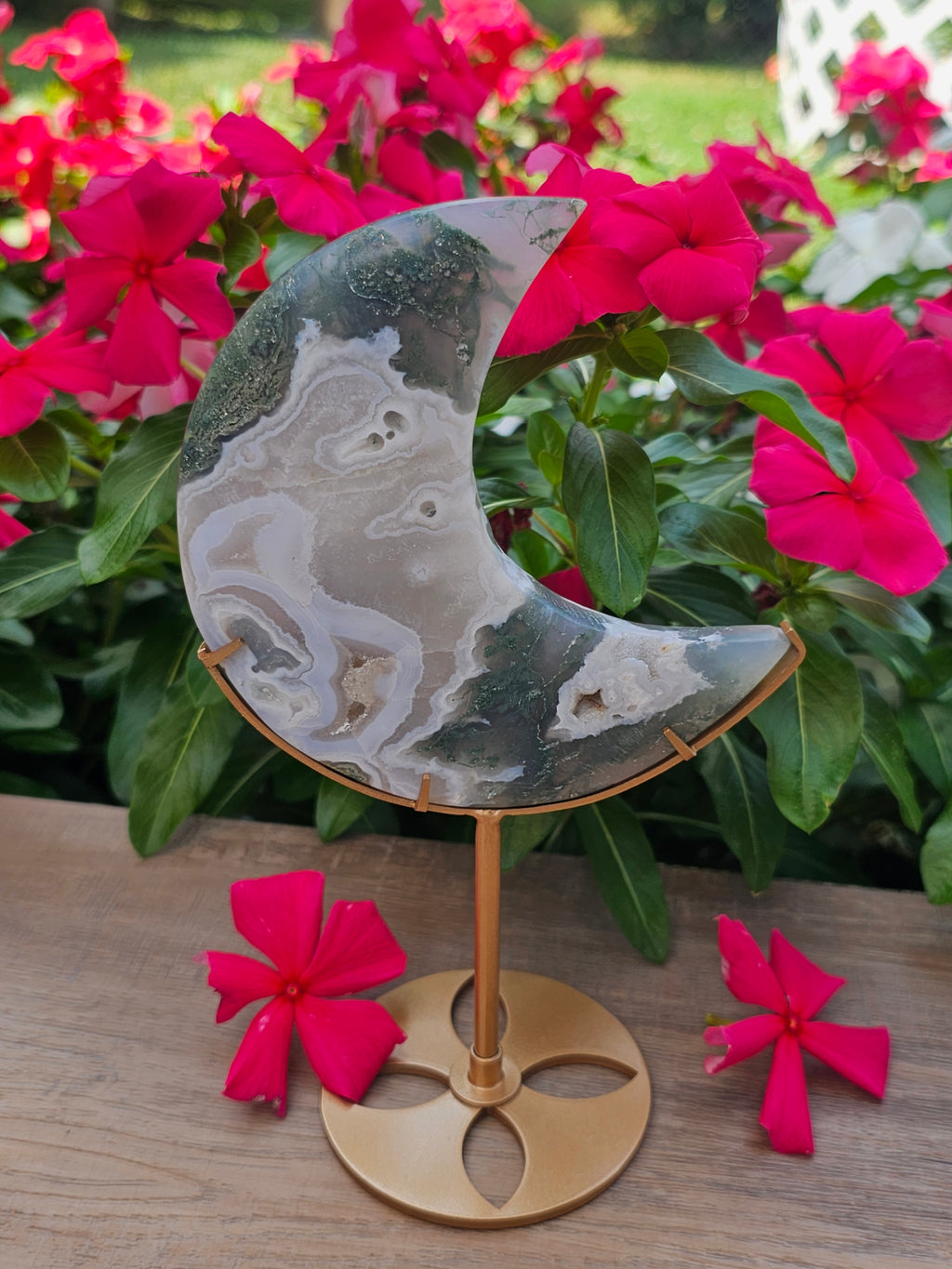 Green Moss Agate Crystal Crescent Moon On Stand