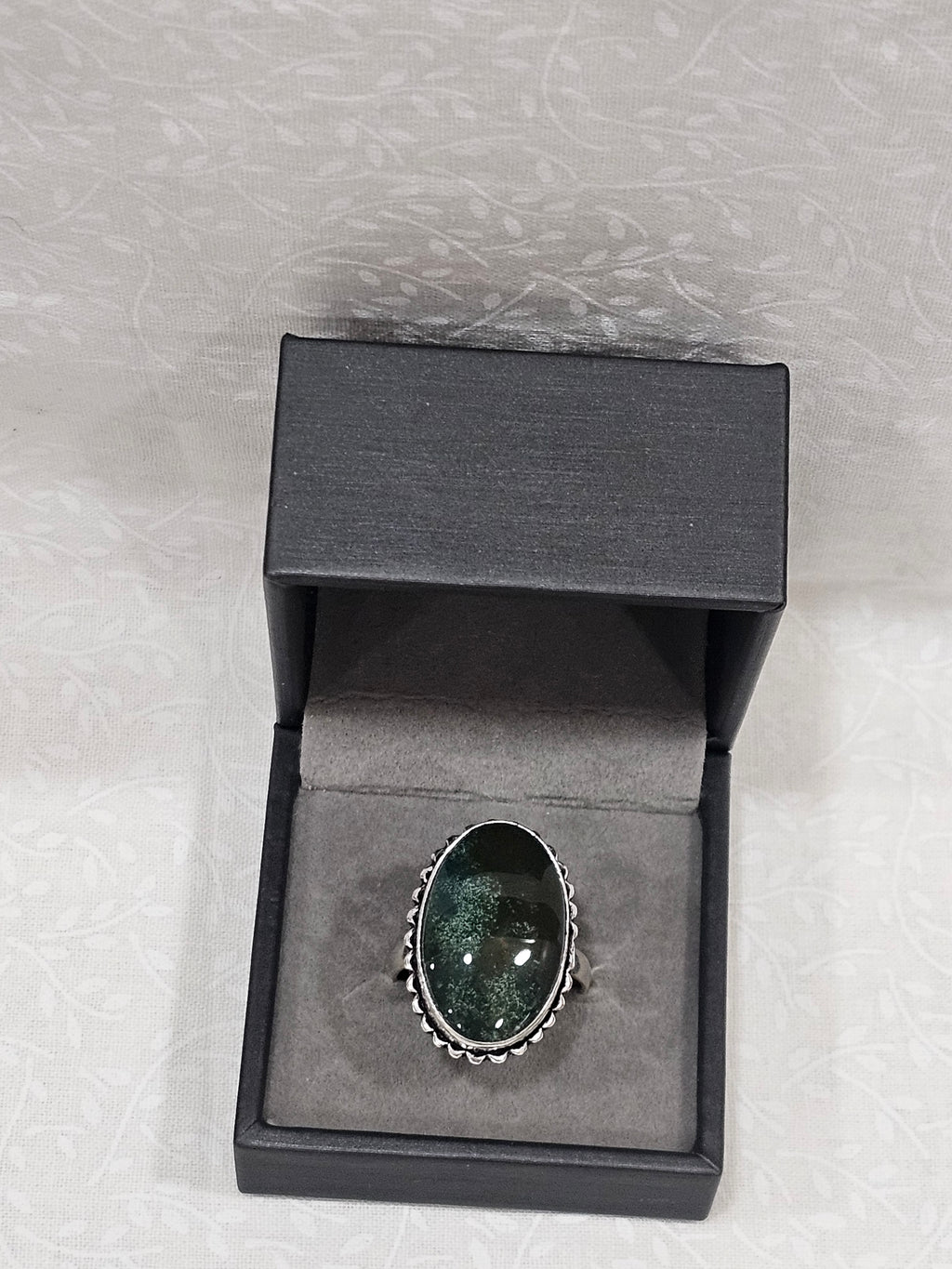 Sterling Silver Moss Agate Gemstone Ring - Size 10.5