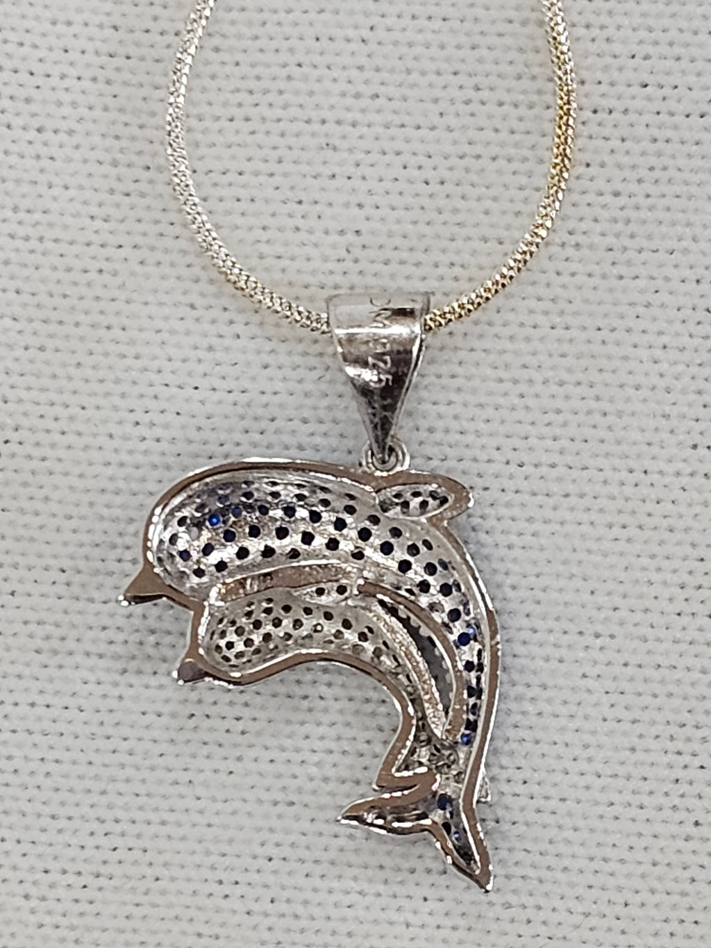 Sapphire Gemstone Momma & Baby Dolphin Pendant - Sterling Silver Necklace 24" Chain