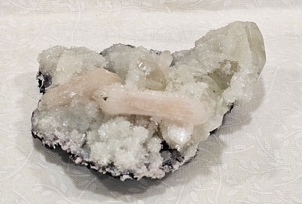 Apophyllite with Stillbite and Clear Quartz Raw Crystal Cluster