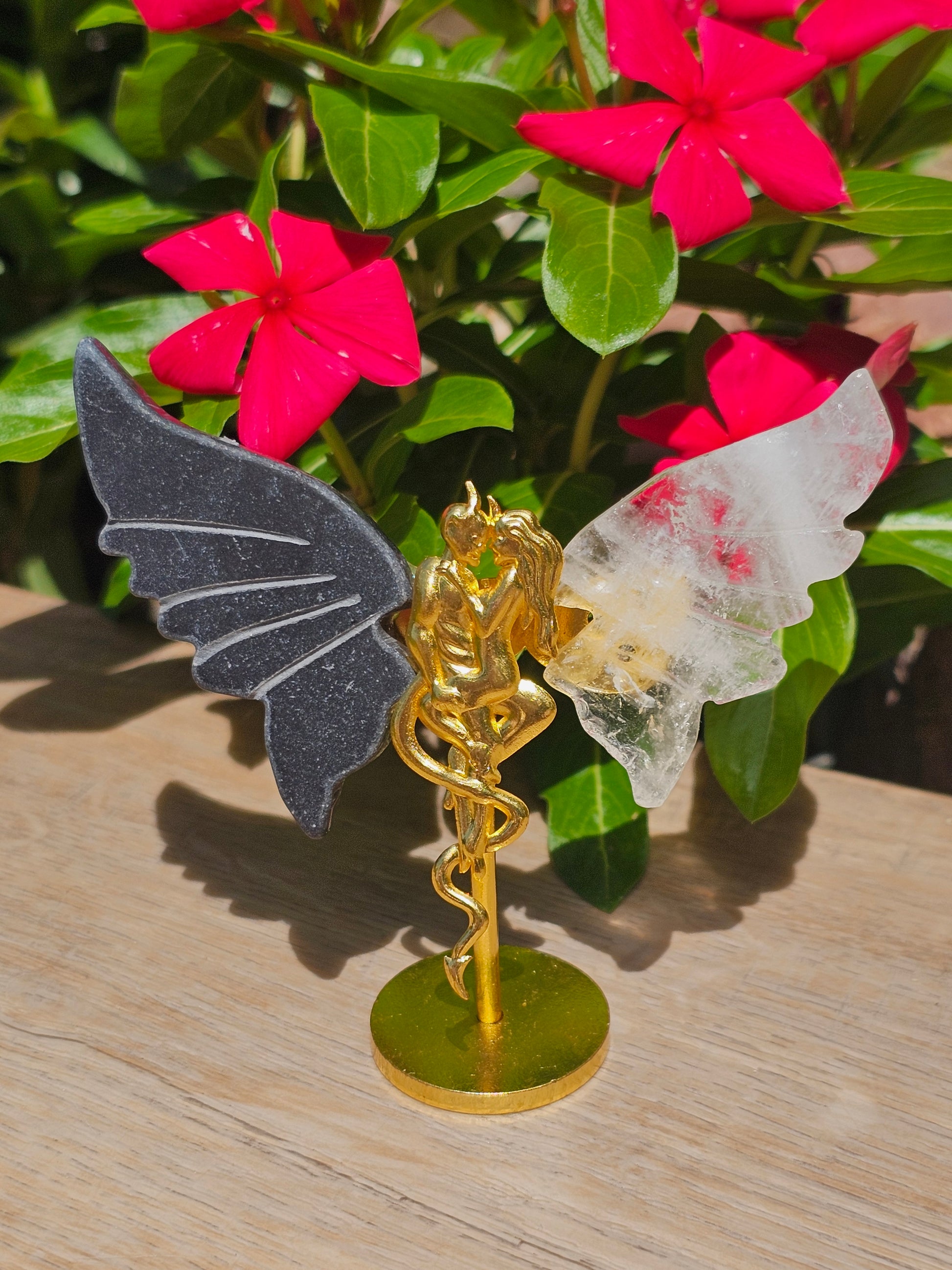 Lovers Devil & Angel Wings Crystal Statue — Black Obsidian & Clear Quartz