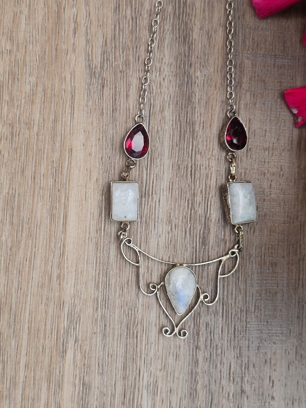 Moonstone & Garnet Gemstone N.K. Silver 925 Necklace 20"