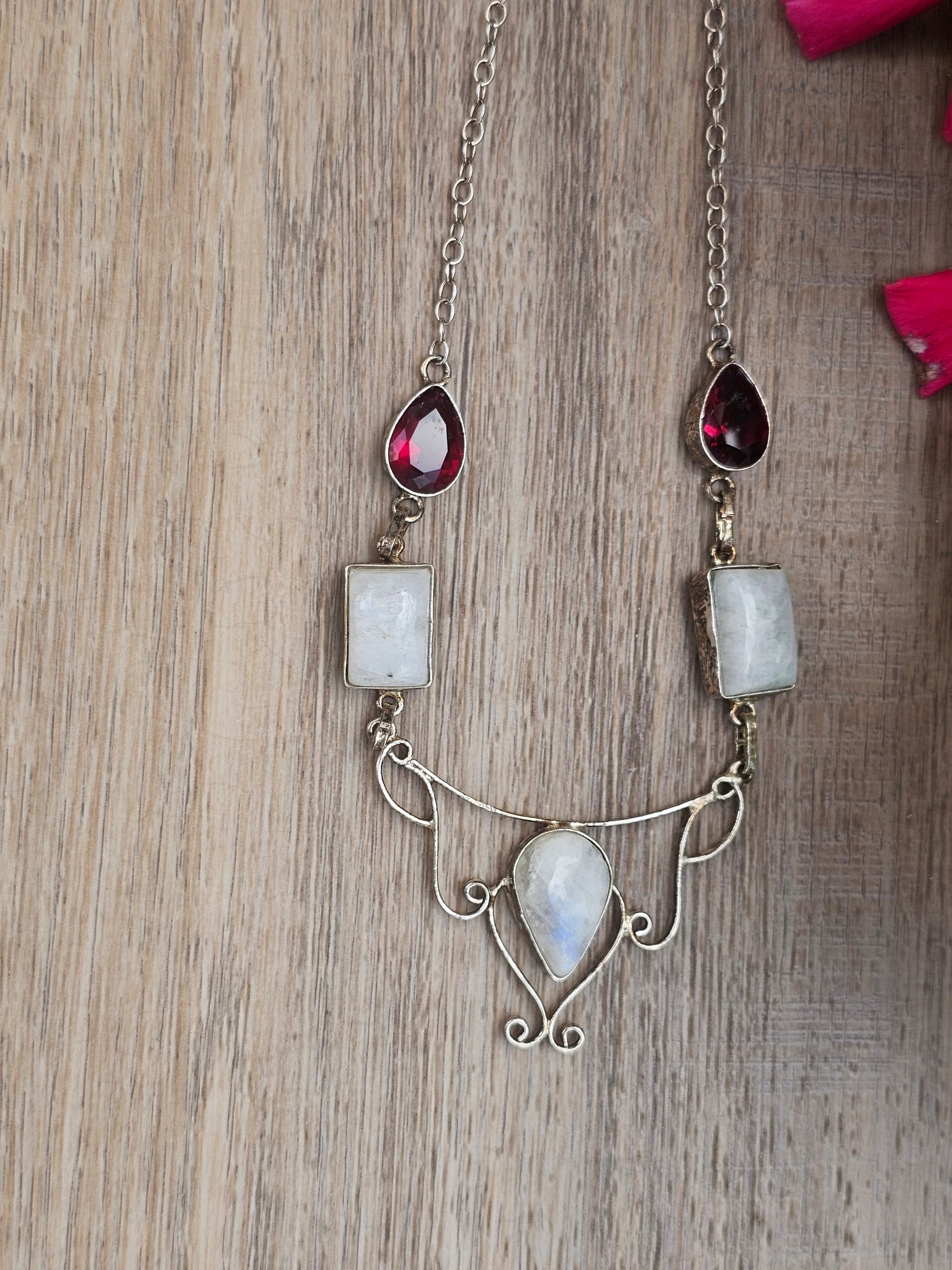Moonstone & Garnet Gemstone N.K. Silver 925 Necklace 20"
