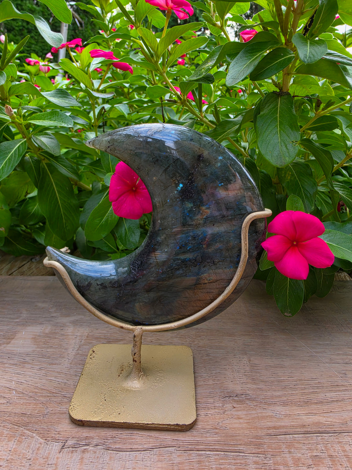 Labradorite Crystal Crescent Moon on Stand