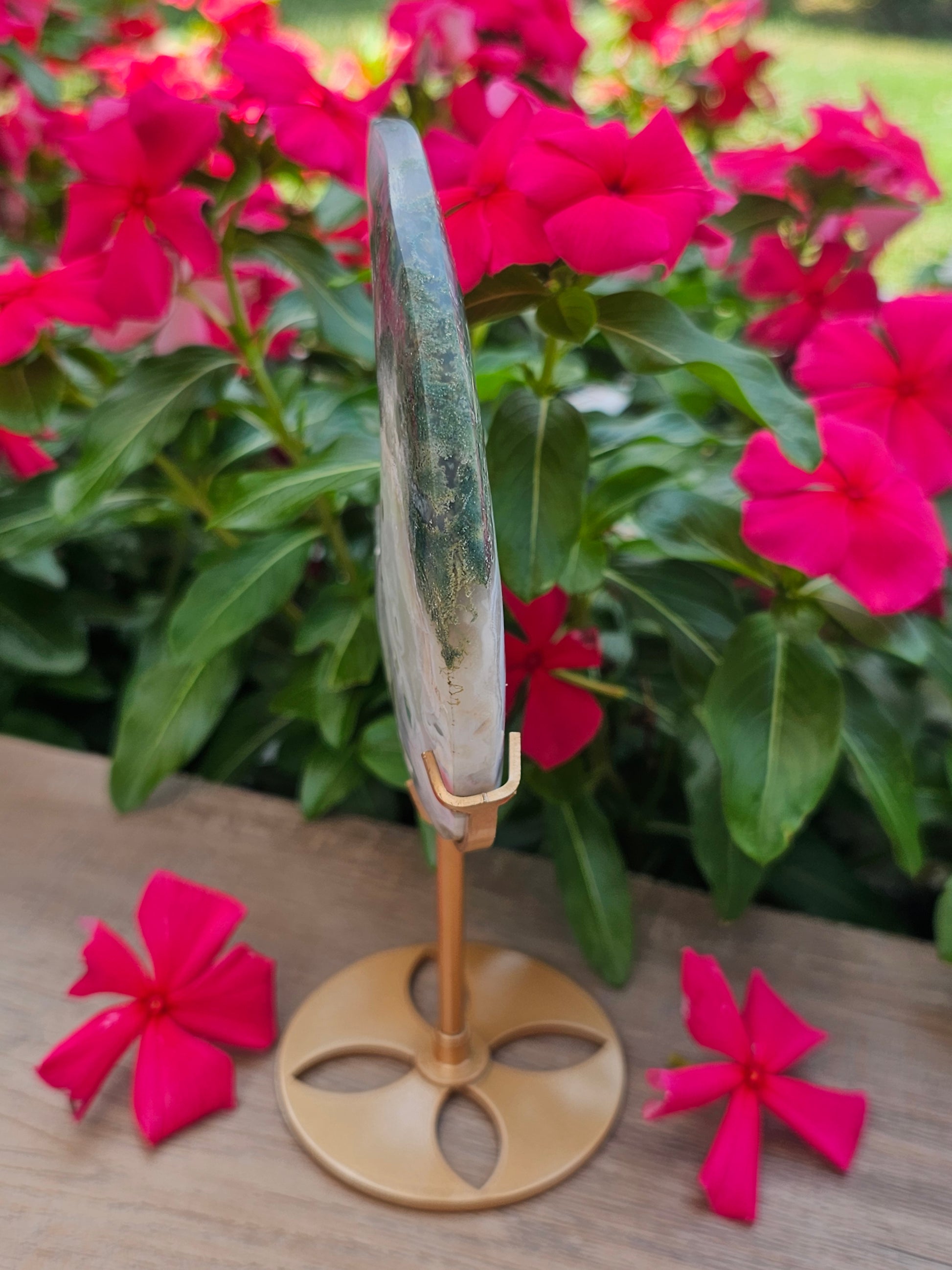 Green Moss Agate Crystal Crescent Moon On Stand