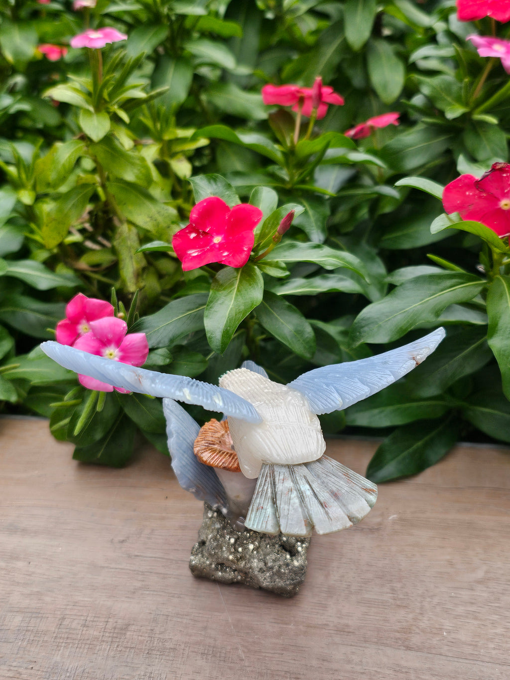 Stunning Pyrite Angelite Hummingbird on Natural Pyrite Flower
