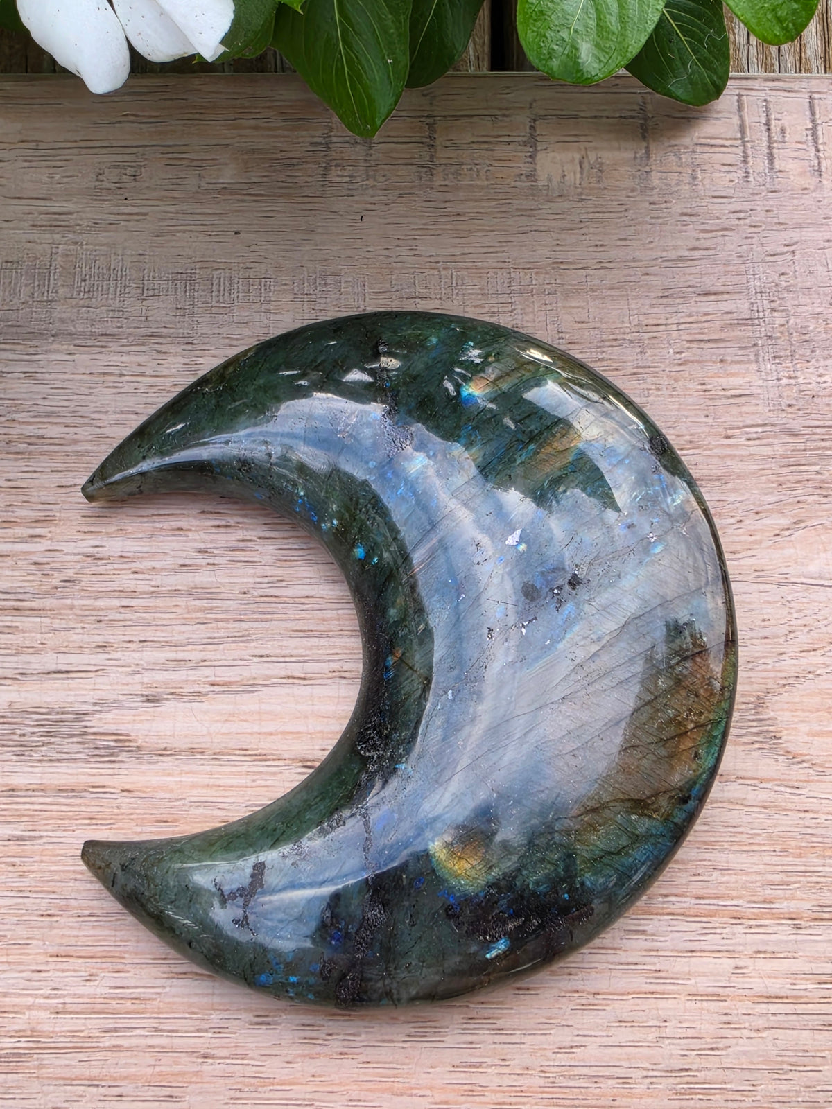 Labradorite Crystal Crescent Moon on Stand