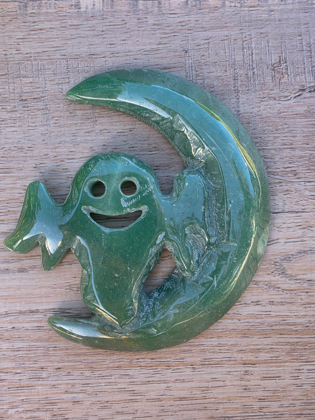 Green Aventurine Crescent Moon Ghost on a Stand