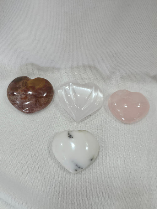 1 Pink Quartz 1 Howlite 1 Jasper & 1 Selenite Crystal Hearts