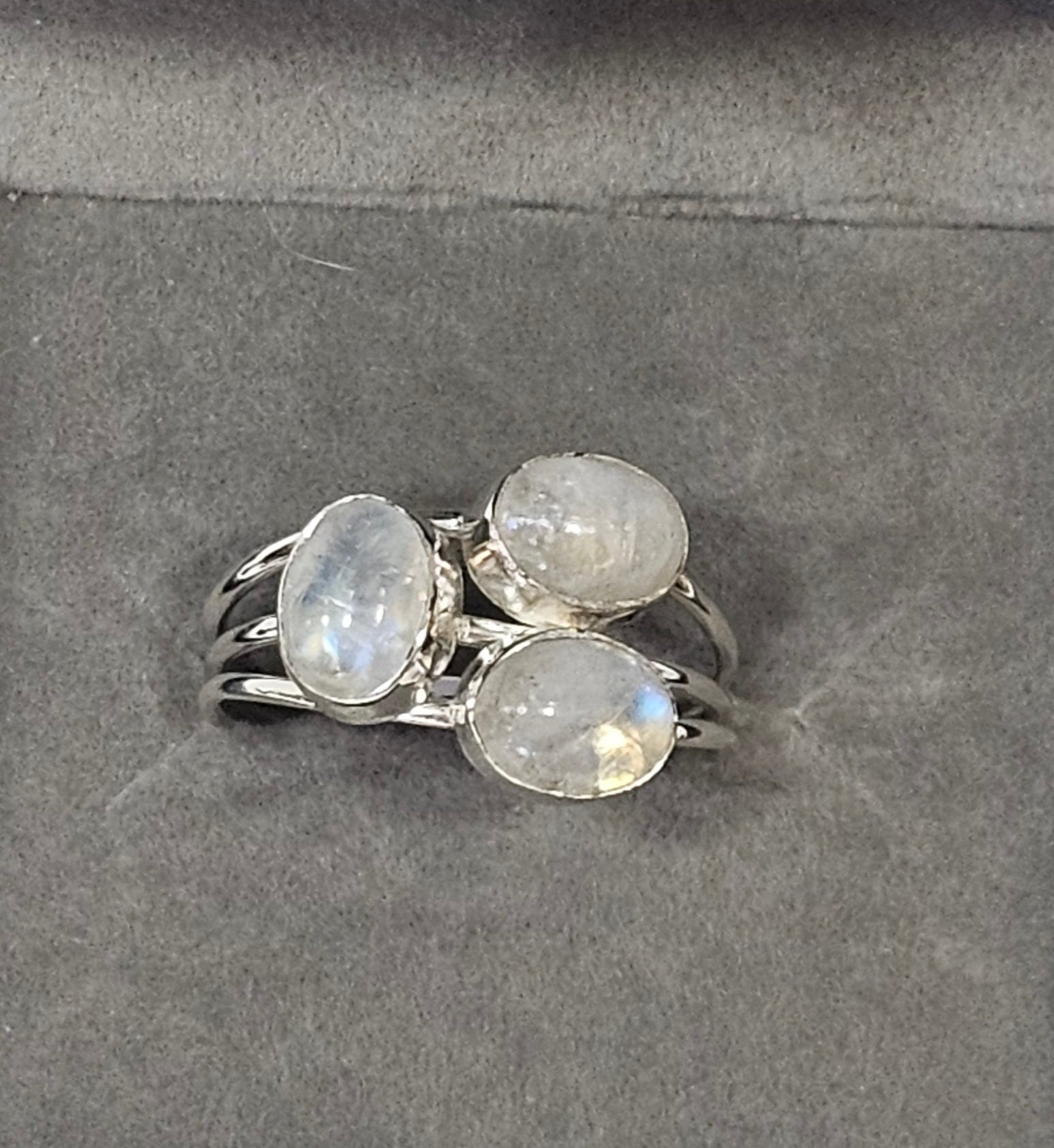 Sterling Silver Triple Moonstone Gemstone Ring - Size 7.5
