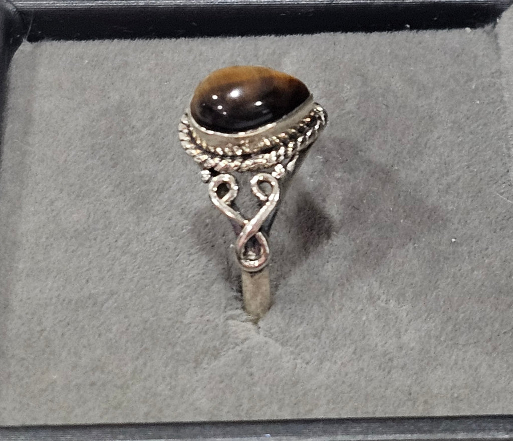 Sterling Silver Tiger Eye Crystal Gemstone Ring - Size 2